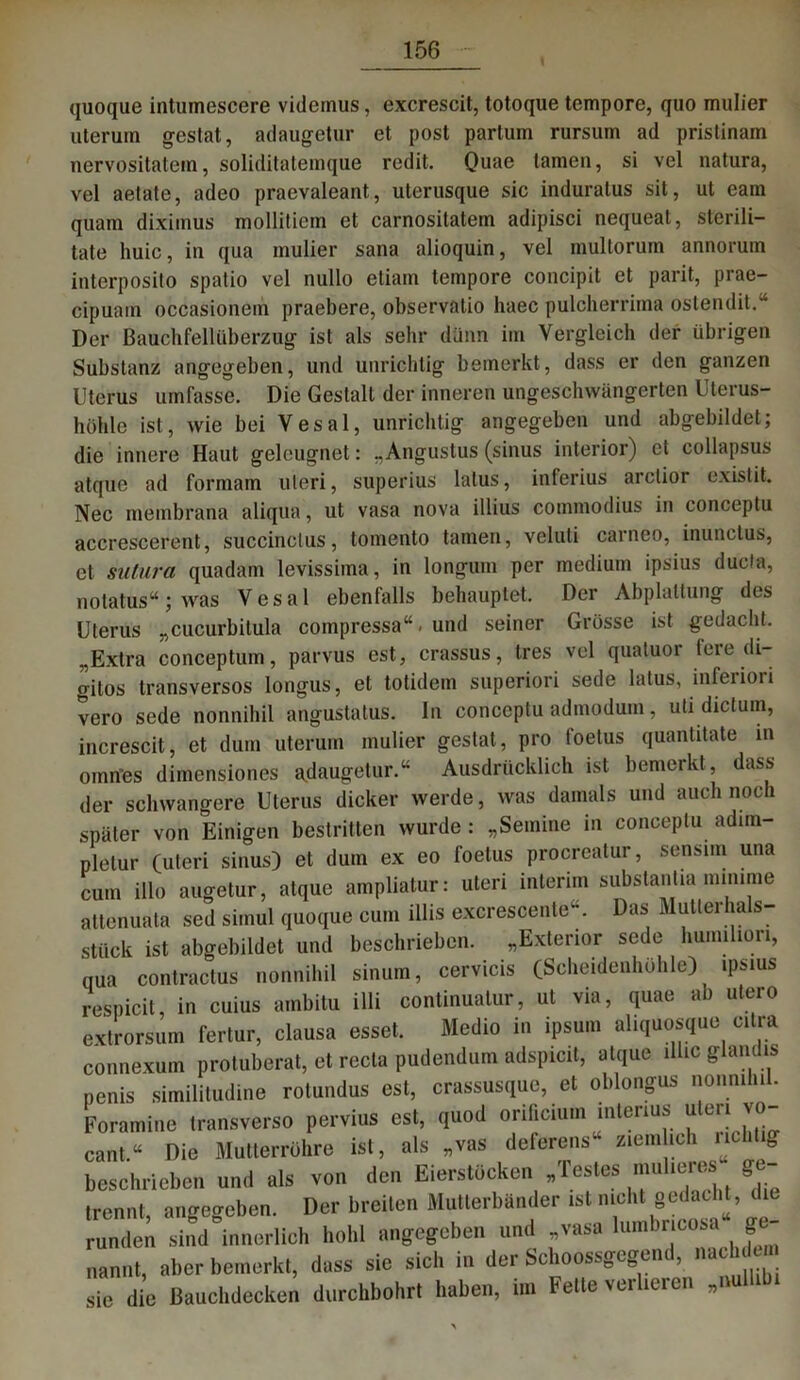 quoque intumescere videmus, excrescit, totoque tempore, quo mulier uterum gestat, adaugetur et post partum rursum ad pristinam nervositatem, soliditatemque redit. Quae tarnen, si vel natura, vel aetate, adeo praevaleant, uterusque sic induralus sit, ut eam quam diximus mollitiem et carnositatem adipisci nequeat, sterili- tate huic, in qua mulier sana alioquin, vel multorum annorum interposito spatio vel nullo etiam tempore concipit et parit, prae- cipuain occasionem praebere, observalio haec pulcherrima ostendit.“ Der Bauchfellüberzug ist als sehr dünn im Vergleich der übrigen Substanz angegeben, und unrichtig bemerkt, dass er den ganzen Uterus umfasse. Die Gestalt der inneren ungeschwängerten Uterus- höhle ist, wie bei Vesal, unrichtig angegeben und abgebildet; die innere Haut geleugnet: „Angustus (sinus interior) et collapsus atque ad formam uleri, superius latus, inferius arclior existit. Nec membrana aliqua, ut vasa nova illius commodius in conceptu accrescerent, succinclus, tomento tarnen, veluli carneo, inunctus, et sutura quadam levissima, in longum per medium ipsius ducla, nolatus44; was Vesal ebenfalls behauptet. Dei Abplattung des Uterus „cucurbitula compressa“. und seiner Grösse ist gedacht. „Extra conceptum, parvus est, crassus, tres vel quatuor feie di- gitos transversos longus, et totidem superiori sede latus, infeiioii vero sede nonnihil angustatus. In conceptu admodum, uti dictum, increscit, et dum uterum mulier gestat, pro foetus quantitate in omnes dimensiones adaugetur.“ Ausdrücklich ist bemerkt, dass der schwangere Uterus dicker werde, was damals und auch noch später von Einigen bestritten wurde: „Semine in conceptu adim- pletur (uteri sinus) et dum ex eo foetus procreatur, sensim una cum illo augetur, atque ampliatur: uteri interim substantia minime attenuata sed simul quoque cum illis excrescente“. Das- Mutlerhals- stück ist abgebildet und beschrieben. „Exterior sede humihori, qua contractus nonnihil sinum, cervicis (Scheidenhohle) ipsius respicit, in cuius ambitu illi continuatur, ut via, quae ab utero extrorsum fertur, clausa esset. Medio in ipsum aliquosque citra connexum protuberat, et recta pudendum adspicit, atque lllic glandis penis similitudine rotundus est, crassusque, et oblongus nonnihil. Foramine transverso pervius est, quod orificium intenus ulen vo- cant.“ Die Mutterröhre ist, als „vas deierens« ziem ich richtig beschrieben und als von den Eierstöcken „Testes müderes - trennt, angegeben. Der breiten Mutterbänder ist nichtt gedacht, die runden sind innerlich hohl angegeben und vasa lumbricosa ge- nannt, aber bemerkt, dass sic sich in der behoossgegene, c sie die Bauchdecken durchbohrt haben, im Fette verlieren „nulhbi