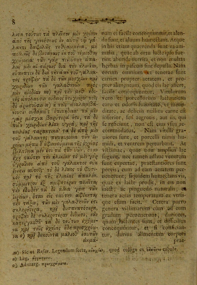 TS ■ λιτά τούτων τα nνλέΐτον μεν y'gcvov άπό TJjf γεννγσεως εν αϋτω αω 7α' λαχτι ΰχψίλύς τε Γραμμένα, μη τίοϊί,'χΐς Si/2ο-άναας έκτου νέμεο^α/ γρωυεενα των yap ταίυτων αινα- λα/ μεν ctl σάρκες οια τγν ^λιχιαν, ευπεπτα δέ δία την από του 7α'λακ- τοί τροφήν τα δέ των μοσγ^ίων ^ccj χοιριδίων των γχλα&Ύνων tc ρος μεν εύοΐίαν ?η) ψ} Ην βέ&’ $ϋα- Γ?ς «7χολανσιν ovhvcc έτιγή'ξω τέϊς δέ αρωϊονσιν ») » τδιί ‘άναλαββά- 'ycvciv ούίαμως ίππήΰ&Χ' τά μεν 7et? μόσχια βαξντεξά ετί , τα δε τω~ν χαριδίων λίαν vypa, ngj της ν.οιΧίας ταξακτικά' τα δέ οΐττο μεν του 7 “λακτος πέναν μένα, των (ε- peiwv μ-ψϊω δ’ εφρ/.νϋΰμενα τή; ό/ωίας βϊλτίονα, μέν έτι τα τ&ν υων-f οτ,αν εχΥί ταύτψ την ηλιαίαν το μέντας vypxivov από του γάλακτος ονα ενεςιν αύτοϋς το δέ λ/ττος· το φνσ<- »ίδν 5(0? τδ της ηλικίας απαλόν. σύμμετρον ί£ αμφοτέξων πόι&τομ ■τϊ,ν ΛωΜν. τα δέ «?λα γένη των /gceioiv, όταν eir ταυτ^ν αφίκητα/ rh τάζιν, των /ttev χαλα&ψων έτι σ*λγξότεςα, η&ΐ ονσπεπτότεξα, τξοφη'ν^έ σκλΥζοτέραν όίδωσι, ϊαν ΥΜτεργχο&ΐΓ τΛ δέ τον των έχομε- να 5ig] ταίς οχείας nh πξοσχςόω* να ο) 5$ δο^νντα μάλ|$ έαυτων άαμά- - * · .?») Sic et Rafar. Legendum forte, nam et facile concoquuntur,ct alen- do funt,et alnum humeftant. Atque in his etiam quaerenda funt ea ani- malia ,■ quae ab ortu lafte ipfo fue- rint abunde nutrita^ et non multas herbas in pafcuis iintdepafta.Nafn eorum omnium >ifct tenerae funt carnes propter aetatem , et pro- pter alimentum, quod eis lac affert, facile -concoquuntur. Vitulorum vero et porcellorum lacientium caro et odoris iuauitate , et itioup- ditate,ac deliciis nullius carne eft inferior, fed aegrotis, aut iis, qui fe reficiunt, non eft eius vius ac- commodatus, Nam vitelli' gra- uiores funt, et porcelli nimis hu- midi, et ventrem perturbant. At viflimae, quae iion' amplius' lac fugunt, nec tamen adhuc venerem ‘funt expertae, praeftanciorcs lunt porcis, cum ad eam aetatem per- ucnerunt; fiquidem humectans vis, quae ex la-fte prodit, iii eis non ineit; ac pinguedo naturalis-, Λ tenera aetas temperatum ex vtrfs- que elum facit. Cetera po.rtfa genera victimarum·' cum ad'eum gradum pcruenertint, duriores, qttam’'foetentes funtj et difficilius concoquuntur, et (ii 'confician- tur, durius alimentum ebrpoti prafi- •; ?i; t . .·■;■. ·>«· ·.*; <r, quod colligo CX ^«r?ir»i Cabul*, ») Lcg. *ξί*η*πν. o) Adanarg. πζτ%{»!****·