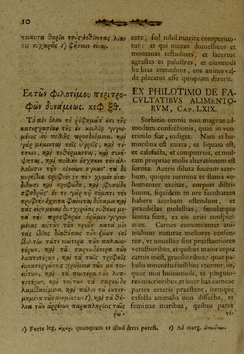 'τοιαυtu &ν,ξία τούς ί&ίοντας λίαν τις ενχαξ&ς s) φψ&εν eivoi/. Εκτοόν φιλότιμου πεξίτξο- φών ^υναμεως. κεφ ξ3\ Το μεν οΚον το ξόφημάτ έτι τγς κατεργασίας τγς έν κοιλία γιγνό- μένης ού 7Γoflxvjg τνξοσίεόμ,ενα. χομ γ«£ μί μικτά/ τοίς ύγξοΐς, χομ τε- τηκεν, χομ τε&έξμαντοι/, v/g.) συνη- •ψητοί/ , χομ ητοΤλην εσχηκεν την αλ- Κοίωσιν των οικείων ο’γκωυ* τα δέ κυοηβιχ τξυφνάν τε το'ν χυμόν άχα- $$ωσι χομ τξοφώ^η , xgoj ;φυσώΰη σφοΰξως' εν τε yv.% τω ~όμ.ατι την Έξυφνην εχοντα φαίνεται/ $νναμιν χομ τας είρν μίνας ΰυτχεξείχς ευθέως με- τά την προσφοράν όξώμεν yiyvo- μίνας αυτών των ν.ξεων κατά μεν τοίς ιΰίας ΰία&εσ&ς των ζώων έςί β-Κτίω τάτε νεώτεξα των τταΚαιω- τέξων, χομ τα σαςχωΰέτεξχ των ϋύτων > χομ τα πνωτέξα των λεπ- τοτίξων, χομ τούτων τα σαξκώΰη Καμβανόμίνα, χομ ττάλιν τα έκτετ- μημίνατώνανεμίκτωνϊ)> χομ τα $r,- Κεα των άξζίνων παξα,πλχξίας τoug £ω· cere, fed nihil nutrire comperiun- tur: at qui mures domefticos et montanas teftudines, et lacertos agreitcs ct paluitres, et ciusmodi beluas comedunt, cos animo val- de placatos efle quispiam dixerit. EX PHILOT1MO DE FA- CVLTAT1BVS ALlMtNTO- RVM, Cap.LXIX. Sorbitio omnis non magnae ad- modum confectionis, quae in ven- triculo fiatj indiget. Nam et hu- moribus eft mixta , et liquata eft, et caieiaCta, et computruit, etmuh tam propriae molis altcrationem eft lortita. Aceris diluta iuccum acer- bum, quique tormina et flatus ve- hementer excitat, corpori diftri- buunt, iiquickm in ore facultatem habere acerbam oilendunt, et praediClas moleftias, fimulatque limata funt, ex eis oriri confpici- lTius.. Carnes conuenienter ani- malium naturae meliores cenfen- tur, vt nouellac fint praellantiores vetuftioribus, et quibus maior copia carnis ineit, gracilioribus/ quae pa- bulis concoCtu facilibus vtuntur, iis, quae non huiusmodi, et pinguio-j res macrioribus,et inter has carneae partes ceteris pracftent, iteraque exfcCta animalia non diflechs, et feminae maribus, quibus pares s) Forte leg, *χ*ξ* quanqitam ct iflutl /erri poteft. t) Ad marg.