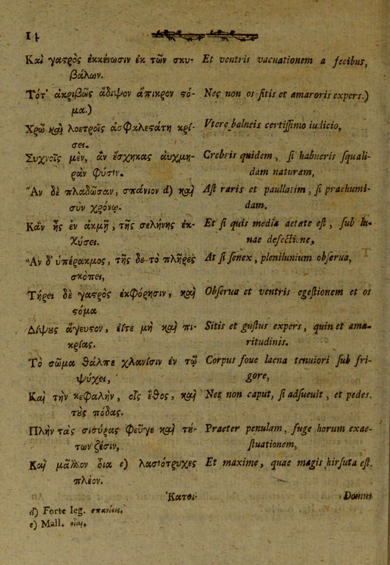 K.ou γαϊξος ixxevucnv ex των σκυ- Et ventris vae nationem a fecibus, βόλων. Τότ’ άχριβως αΐΐ'ψον απιχξύν τό- Nec non os fitis et amaroris expers.) jua.) ^ λοετ^ΐί ασφαλές*τ*ι xql· Etere balneis certijjimo iuiicio, * ·  I „ ■ '** J ’. '··. σ«. 1 · Συχνά? /xev, «v εσχήχας avyjxYr Crebris quidem, fi habueris fquali- ξόν φΰτίγ. dam naturam, Av It ττλαδωσαν, cnrctvsov d) jge} Afi raris et paullalim , fi praehtmtl· συν Χξόνω. dam. Καν νις εν cix/xrj, τί?Γ σβλψης έχ· Et fi quis media aetate efi, fub k· Xvo-et. nae defeBkne, * ‘ · 'f ' Αν δ’ υτήξζκμος, της δ*-το ττλί^ε-τ At fi fenex, plenilunium obfirua, σκοττο, δέ γα^δί εχφόξνισιν, Obferua et ventris egefiionem et os ςόμ oc Δίψας κψυταν, είτε μν Χ&] τπ- Sitis et gufius expers, quinctam*- χξίχς. ritudinis. Τδ σώμα θαλτβ χλανίσιν έν τω Corpus foue laena tenuiori fub fri- ψυχ«, * Καί τ*\ κεφαλήν , οΐς ε$ος, 'Jfc* «ο» tf/mf, fi adfueuit, rf pedes. TBf τιοΐας. Πλ^'ν τας σισυξας φεΰ^ε mgfjj τβ- Tracter penulam, /wg* horum exae- των ξίσιν, fiuationem, Κ«/ μα/λον ο<α 0 λχσΐότξυχες Et maxime, quae magis hir Juta efi. •πλέον. ’Κατβί· »Dflw/rrt Forte leg. txKtUiu e) ««/♦