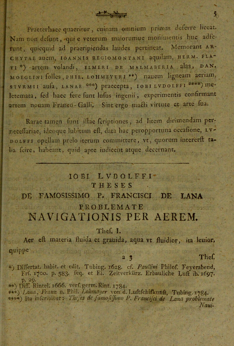 Practerhaec quaeritur, cuinam omnium primas (Inferre liceat. Nam non defunt, qui e veterum maiorumue monimentis Huc adie- runt, quicquid ad praeripiendas laudes pertineat. Memorant ar- chytae auem, ioannis regiomontani aquilam, herm. fla- yi *) artem volandi, elmeri de malmaberia alas, dan. moeglini folles, phil. jlohmeyeri **) naucm ligneam aeriam, stVRMii aufa , lanae ***) praecepta, i o bi lvd o lff i ****) me* letemata, fed Haec fere funt lufus ingenii, experimentis confirmant artem nouam Franco - Galli, Sint ergo macti virtute ct arte fua. Rarae tamen funt iftae (criptioncs , ad litem dirimendam per- receflariae, id,coque lubitum eft, data Hac peropportuna occafione, lv- dolffj opellam prelo iterum committere, vt, quorum intererft ta- lia fcire, Habeant, quid apte indicent atque decernant. IO BI LVDOLFFT THESES DE FAMOSISSIMO P. FRANCISCI DE LANA PROBLEMATE NAVIGATIONIS PER AEREM. Thef. I. Aer eft materia fluida et grauida, aqua vt fluidior, ita leuior. quippe a 3 Thef *) Differ tat. liabit, et edit. Tubing. 1628. cf. Paullini Philof. Feyerabend, Frf. 1700. p. 583- feq. et Ei. Zeitverklirz. Erbauliche Luit ib. 1697. P- 29- **) Diff. RinteL 1600. verf. gcrm.Rint 1784. ***) Lana, Frcinz n. Phil. Lolimclyer von d. Luftfchifkunft, Tubing. 1784. *>*+) Ita inferibitur :• Tkcfes de famofijjuno P. Fraucifci de Lana problemate Naui-