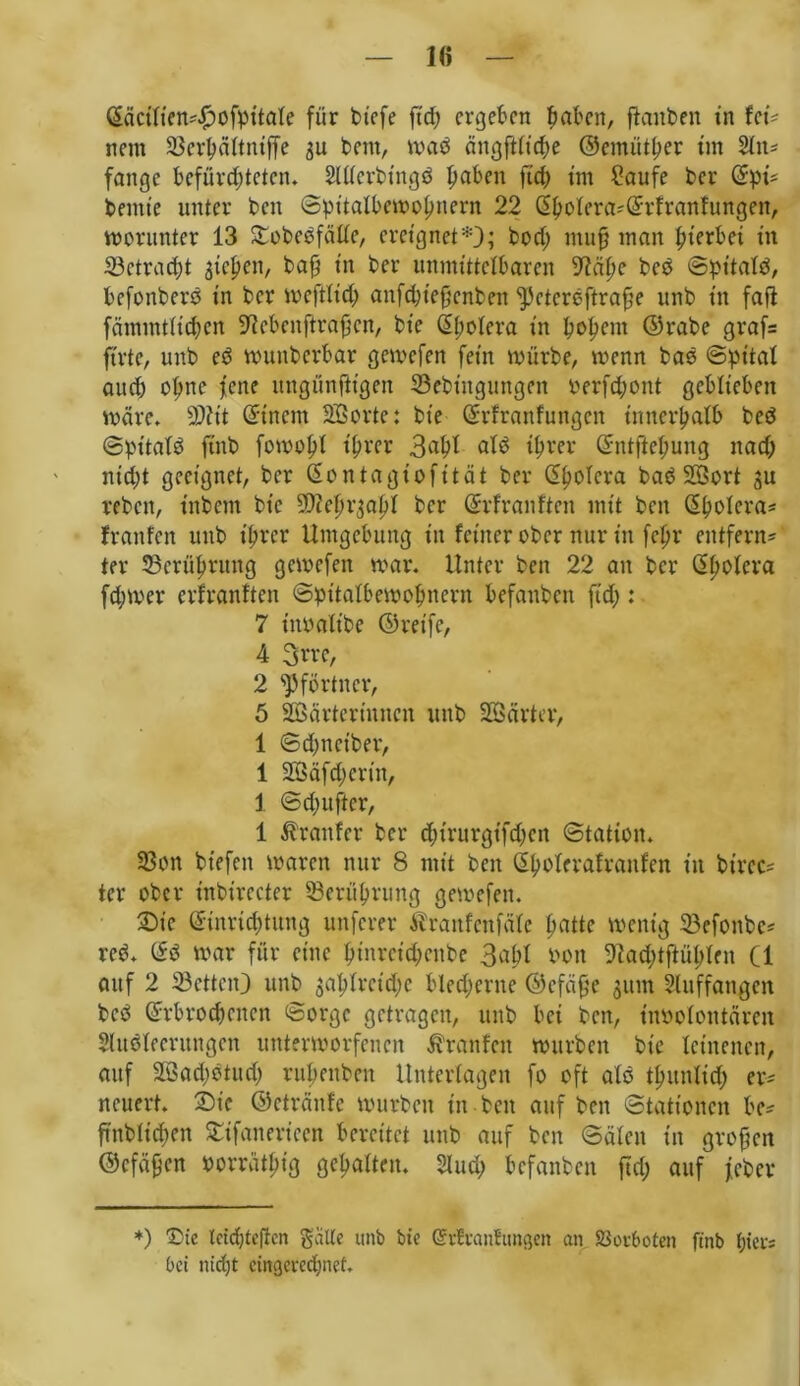 Eäctiten^ofpitale für biefe ftd; ergeben haben, ftottben in fei* nein SBerhäftniffe ju dem, wad ättgftftthe ©emüther tut 2bn- fange befürchteten* Merbtngd haben ftd; tnt Saufe bet Epi* beritte unter beit ©pitalbcwohnern 22 Ehofera*Erfranfungen, worunter 13 Sobcdfätfe, ereignet*}; bod; utufj man hiebet in betracht sichen, baf} in ber unmittelbaren 91ähc bed ©pitatd, befonberd in ber weftüd; attfehtefjenben ^ctcrbftrafje unb tn fafi fämmtitchen SRebcnjtrafjcn, bie Cholera in hohem ©rabe graf= ftrte, unb ed wunderbar gewefen fein würbe, wenn bad ©pt'taf and) oi;ne fene ungünftigen ^Bedingungen oerfd;ont geblieben wäre. sD?it Einem Söorte: bie Erfranfungctt innerhalb bed ©pttafd jtnb fowoftf ihrer 3alft ald ihrer Entftehung itad; nicht geeignet, ber Grontagiofität ber Ehoicra bad Wort su reben, indem bt’c SDcefn’sahf der Gcrfrauften mit beit Ehoicra* fraitfen unb ihrer Umgebung in feiner ober nur in fchr entfern- ter Berührung gewefen war. Unter den 22 an der CS^ofeva fd;wer erfranften ©pttalbewohnern befanden ftd;: 7 tnöafibe ©reife, 4 3vre, 2 Pförtner, 5 Wärterinnen unb Wärter, 1 ©d;nciber, 1 Wäfd;crtn, 1 @d;ufter, 1 Staufer der d;trurgtfd;en Station. 23on tiefen waren nur 8 mit beit dhoferafranfen in bircc= ter ober inbirecter ^Berührung gewefen. 2)ic Einrichtung unferer Äranfcnfäte hatte wenig 33efonbc* red. Ed war für eine hinrcid;cube 3af?t oott 9lad;tftühlen (1 auf 2 33cttcn) unb gahfrcid;c bled;ente ©cfäße sunt 2ütf fangen bed Erbrochenen ©orge getragen, unb bei den, inöolontären Ausleerungen unterworfenen Traufen wurden bie leinenen, auf Wad;ötud; ruhenden Unterlagen fo oft alb thitnlid; er* neuert. 2)tc ©ctränfe wurden in beit auf beit ©tattonen bc* ftnbitchen £ifanerieen bereitet unb auf den ©älen in großen ©cfäfjcn oorräthtg gehalten. Und; befanden ftd; auf jeder *) 'Cie tetdjteflcn gälte unb bie ©rtranluntjen an Vorboten finb hier; bet nicht eingerechnet.