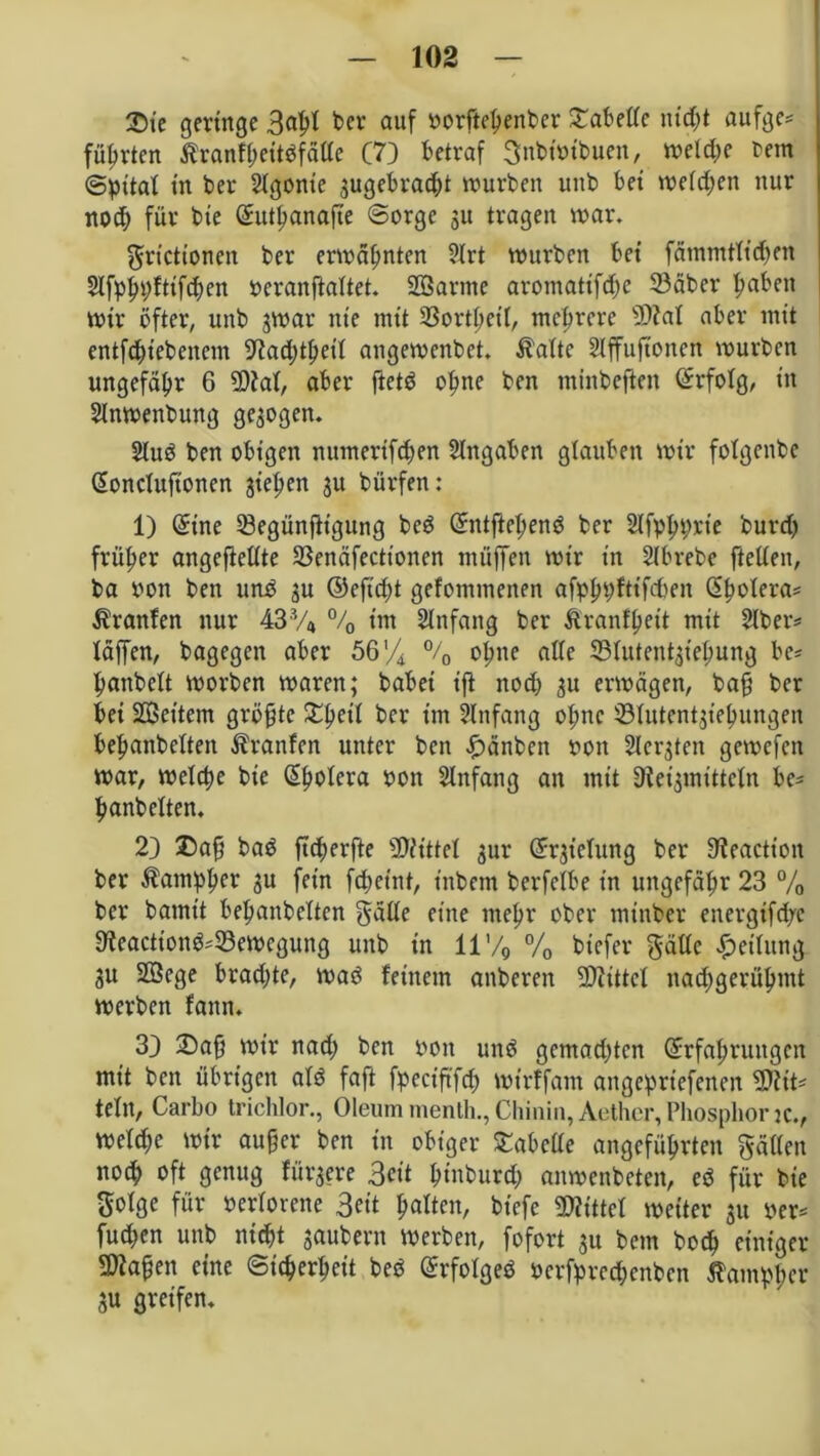 JDte geringe t>cr auf yorftehenber fabelte nicht aufge* führten Äranfheitdfälle C7) betraf 3nbt'ytbuen, welche rein (Spital tu ber Agonie sugebradjt würben unb bet welchen nur noch für bte (Sutficmafte Sorge 51t tragen war. grtetionen ber erwähnten 2lrt würben bet fämmtlidjen Slfphhfttfchen Pcranftaltet. SBarme aromatifdje 23äber haben wtr öfter, unb $war nte mit Sßortheil, mehrere Wat aber mit entfehtebenem •’ftadjthetl angewenbet. Äaltc Slffuftonen würben ungefähr 6 Wal, aber ftetd ohne ben tninbeften (Erfolg, in Slnwenbung gezogen. 2lud ben obigen numertfehen Angaben glauben wtr fofgenbe ßoncluft'onen 3tel;en 3U bürfen: 1) Sine 23egünfttgung bed (Entftchend ber Slfphprte burch früher angeftellte 23enäfectionen tttüffen wtr tn Slbrebe ftellen, ba yon ben und 3U ©eft'djt gefomittenen afphpftifcbeit Cholera* Uranien nur 43% % im Anfang ber Äranfhett mit 2lber* läffen, bagegen aber 56’/4 % ohne alle SBlutentsiehung be* hanbelt worben waren; babet tfi noch 3U erwägen, ba£ ber bet Settern gröfjte £hctl her im Anfang ol;nc iölutcnt^tehungen behanbelten Uranien unter beit Jijänben yon Slergten gewefett war, welche bte (Spolera yon Anfang an mtt ület^mittcln be* hanbelten. 2) £)afj bad ftcherfte Wittel sur (Endung ber ffteaction ber Äampher Su ffin fcheint, t'nbem berfelbe in ungefähr 23 % ber batnt't behanbelten gälte eine mehr ober mtnber energifd/c 9?eactt'on^33ewcgung unb in 11 % % btefer gälte Teilung 3U Sege brachte, wad feinem anberen Wittel nachgerüljmt werben fattn. 33 2)ah wir nad; ben yon und gemad)tcn (Erfahrungen mit ben übrigen ald faft fpectftfch wt'rffam angepriefenen Wit* teilt, Carbo trichlor., Oleum menth., Chinin, Aether, Phosphor je., wetd;e wir außer ben in obiger Tabelle angeführten gälten noch oft genug fürgere 3eit htnburch anwenbeten, ed für bie golge für yerlorene 3eit h^ten, btefe Wittel weiter 31t per« fuchen unb nicht säubern werben, fofort 3U bem hoch einiger Wafen eine Sicherheit bed (Erfotged yerfprechenben flatnpher 3U greifen.