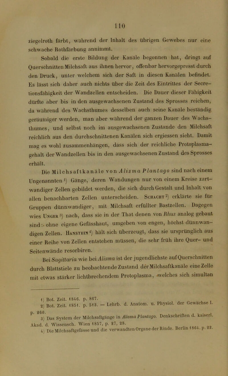 ziegelroth färbt, während der Inhalt des übrigen Gewebes nur eine schwache Rolhfärbung annimmt. Sobald die erste Bildung der Kanäle begonnen hat, dringt auf Querschnitten Milchsaft aus ihnen hervor, offenbar hervorgepresst durch den Druck, unter welchem sich der Saft in diesen Kanälen befindet. Es lässt sich daher auch nichts über die Zeit des Eintrittes der Secre- tionsfähigkeit der Wandzellen entscheiden. Die Dauer dieser Fähigkeit dürfte aber bis in den ausgewachsenen Zustand des Sprosses reichen, da während des Wachsthumes desselben auch seine Kanäle beständig geräumiger werden, man aber während der ganzen Dauer des Wachs- thumes, und selbst noch im ausgewachsenen Zustande den Milchsaft reichlich aus den durchschnittenen Kanälen sich ergiessen sieht. Damit mag es wohl Zusammenhängen, dass sich der reichliche Protoplasma- sehalt der Wandzellen bis in den ausgewachsenen Zustand des Sprosses erhält. Die Mil chsaf tka näle von A lism a Plantago sind nach einem Ungenannten l) Gänge, deren Wandungen nur von einem Kreise zart- wandiger Zellen gebildet werden, die sich durch Gestalt und Inhalt von allen benachbarten Zellen unterscheiden. Schacht2) erklärte sie für Gruppen dünnwandiger, mit Milchsaft erfüllter Bastzellen. Dagegen wies Unger3) nach, dass sie in der That denen von Rhus analog gebaut sind:* ohne eigene Gefässhaut, umgeben von engen, höchst dünnwan- digen Zellen. Hanstei*4) hält sich überzeugt, dass sie ursprünglich aus einer Beihe von Zellen entstehen müssen, die sehr früh ihre Quer- und Seitenwände resorbiren. Bei Sagütaria wie bei Alisma ist der jugendlichste auf Querschnitten durch Blattstiele zu beobachtende Zustand der Milchsaftkanäle eine Zelle mit etwas stärker lichtbrechendem Protoplasma, «welches sich simultan 1) Bot. Zeit. 1 846. p. 867. 2) Bot. Zeit. 1851. p. 513. - Lehrb. d. Anatom, u. Physiol. der Gewächse I. 1 3) Das System der Milchsaftgänge in Alisma Plantago. Denkschriften d. kaiserl. Akad. d. Wissensch. Wien 1857, p. 27, 28. .... ,9 4) DieMilchsaftgefässe und die verwandten Organe der Rinde. Berlin 1864. p. 2_.