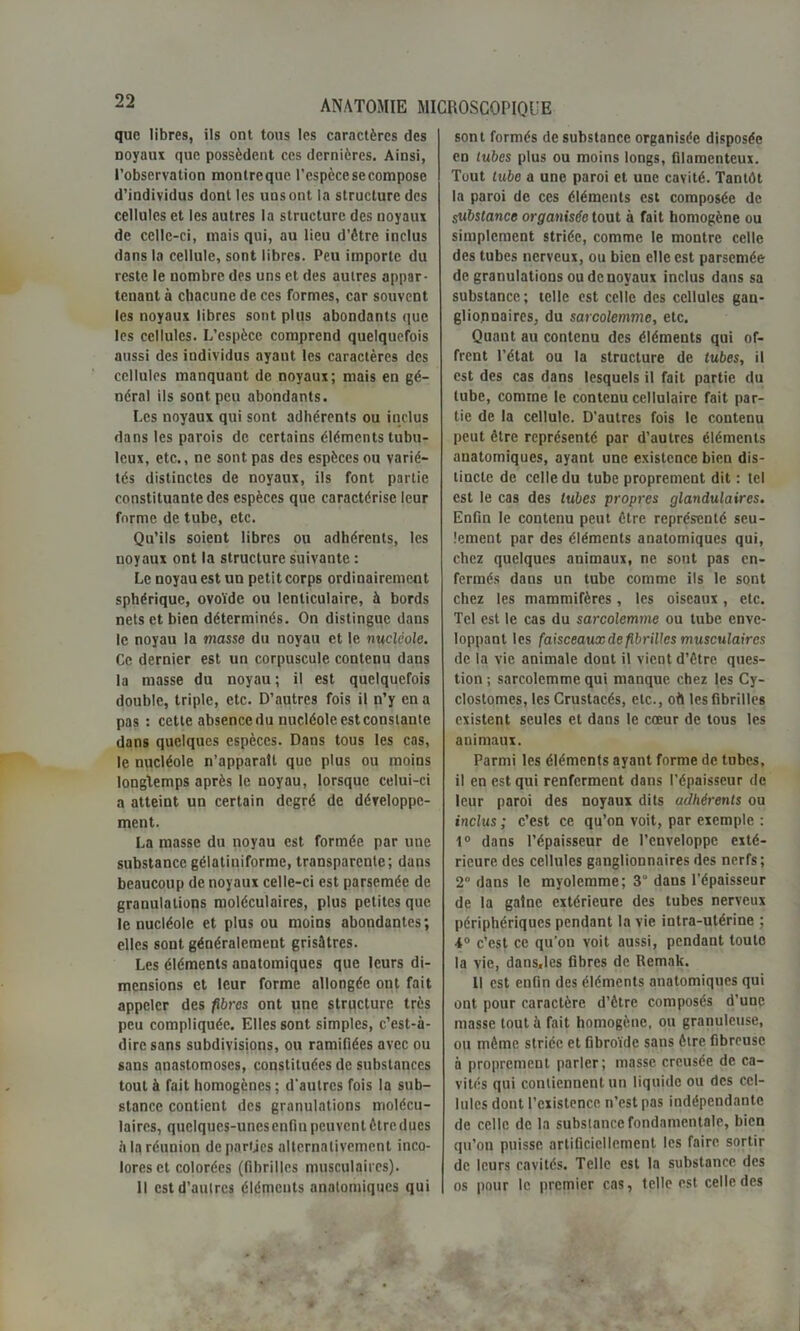 que libres, ils ont tous les caractères des noyaux que possèdent ces dernières. Ainsi, l’observation montrcque l’espèce se compose d’individus dont les uns ont la structure des cellules et les autres la structure des noyaux de celle-ci, mais qui, au lieu d’étre inclus dans la cellule, sont libres. Peu importe du reste le nombre des uns et des autres appar- tenant à chacune de ces formes, car souvent les noyaux libres sont plus abondants que les cellules. L’espèce comprend quelquefois aussi des individus ayant les caractères des cellules manquant de noyaux; mais en gé- néral ils sont peu abondants. Les noyaux qui sont adhérents ou inclus dans les parois de certains éléments tubu- leux, etc., ne sont pas des espèces ou varié- tés distinctes de noyaux, ils font partie constituante des espèces que caractérise leur forme de tube, etc. Qu’ils soient libres ou adhérents, les noyaux ont la structure suivante : Le noyau est un petit corps ordinairement sphérique, ovoïde ou lenticulaire, à bords nets et bien déterminés. On distingue dans le noyau la masse du noyau et le nucléole. Ce dernier est un corpuscule contenu dans la masse du noyau; il est quelquefois double, triple, etc. D’autres fois il n’y en a pas : cette absence du nucléole est constante dans quelques espèces. Dans tous les cas, le nucléole n’apparatl que plus ou moins longtemps après le noyau, lorsque celui-ci a atteint un certain degré de développe- ment. La masse du noyau est formée par une substance gélatiniforme, transparente; dans beaucoup de noyaux celle-ci est parsemée de granulations moléculaires, plus petites que le nucléole et plus ou moins abondantes; elles sont généralement grisâtres. Les éléments anatomiques que leurs di- mensions et leur forme allongée ont fait appeler des fibres ont une structure très peu compliquée. Elles sont simples, c’est-à- dire sans subdivisions, ou ramifiées avec ou sans anastomoses, constituées de substances tout à fait homogènes; d'autres fois la sub- stance contient des granulations molécu- laires, quelques-unes enfin peuvent ôtrcducs à la réunion départies alternativement inco- lores et colorées (fibrilles musculaires). Il est d’autres éléments anatomiques qui sont formés de substance organisée disposée en tubes plus ou moins longs, filamenteux. Tout tube a une paroi et une cavité. Tantôt la paroi de ces éléments est composée de substance organisée tout à fait homogène ou simplement striée, comme le montre celle des tubes nerveux, ou bien elle est parsemée de granulations ou de noyaux inclus dans sa substance; telle est celle des cellules gan- glionnaires, du sarcolemme, etc. Quant au contenu des éléments qui of- frent l’état ou la structure de tubes, il est des cas dans lesquels il fait partie du tube, comme le contenu cellulaire fait par- tie de la cellule. D’autres fois le contenu peut être représenté par d’autres éléments anatomiques, ayant une existence bien dis- tincte de celle du tube proprement dit : tel est le cas des tubes propres glandulaires. Enfin le contenu peut être représenté seu- lement par des éléments anatomiques qui, chez quelques animaux, ne sont pas en- fermés dans un tube comme ils le sont chez les mammifères, les oiseaux, etc. Tel est le cas du sarcolemme ou tube enve- loppant les faisceaux de fibrilles musculaires de la vie animale dont il vient d’être ques- tion ; sarcolemme qui manque chez les Cy- clostomes, les Crustacés, etc., où les fibrilles existent seules et dans le cœur de tous les animaux. Parmi les éléments ayant forme de tubes, il en est qui renferment dans l’épaisseur de leur paroi des noyaux dits adhérents ou inclus ; c’est ce qu’on voit, par exemple : 1° dans l’épaisseur de l’enveloppe exté- rieure des cellules ganglionnaires des nerfs ; 2” dans le myolemme; 3° dans l’épaisseur de la gaine extérieure des tubes nerveux périphériques pendant la vie intra-utérine ; 4° c’est ce qu’on voit aussi, pendant toute la vie, dans,les fibres de Remak. Il est enfin des éléments anatomiques qui ont pour caractère d’être composés d’une masse tout à fait homogène, ou granuleuse, ou même striée et Gbroïdc sans être fibreuse à proprement parler; masse creusée de ca- vités qui contiennent un liquide ou des cel- lules dont l’existence n’est pas indépendante de celle de la substance fondamentale, bien qu’on puisse artificiellement les faire sortir de leurs cavités. Telle est la substance des os pour le premier cas, telle est celle des