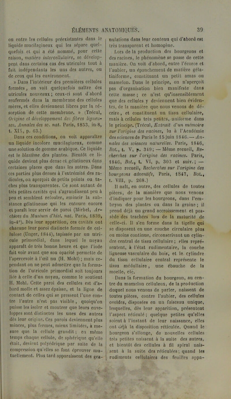 ou entre les cellules préexistantes dans le liquide mucilagineux qui les sépare quel- quefois et qui a été nommé, pour cette raison, matière intorcellulaire, se dévelop- pent dans certains cas des utriculcs tout à fait indépendants les uns des autres, ou de ceux qui les environnent. » Dans l’intérieur des premières cellules formées, on voit quelquefois naître des utrieules nouveaux ; ceux-ci sont d'abord renfermés dans la membrane des cellules mères, et elles deviennent libres par la ré- sorption de cette membrane. » (Trécul, Origine et développement des fibres ligneu- ses. ^limciles des se. nat. Paris, 1853, in-8, t. XIX, p. 63.) Dans ces conditions, on voit apparaître un liquide incolore mucilagineux, comme une solution de gomme arabique. Ce liquide est le blastème des plantes. Bientôt ce li- quide devient plus dense et gélatineux dans certaines places que dans les autres. Dans ces parties plus denses à l’extrémité des ra- dicules, ou aperçoit de petits points ou ta- ches plus transparentes. Ce sont autant de très petites cavités qui s’agrandissent peu à peu et semblent refouler, amincir la sub- stance gélatineuse qui les entoure encore et parait leur servir de paroi (Mirbel, Ar- chives du Muséum d’hisl. nat. Paris, 1839, in-4°). Dès leur apparition, ces cavités ont chacune leur paroi distincte formée de cel- lulose (Ungcr, 1844), tapissée par un utri- cule primordial, dans lequel le noyau apparaît de très bonne heure et que l’iode fait voir avant que son opacité permette de l’apercevoir à l’oeil nu (H. Mohl); mais ce- pendant on ne peut admettre que la forma- tion de l’utriculc primordial soit toujours liée à celle d’un noyau, comme le soutient H. Molli. Cette paroi des cellules est d’a- bord molle et assez épaisse, et la ligne de contact de celles qui se pressent l’une con- tre l’autre n’est pas visible, quoiqu’on puisse les isoler et inoutrer que leurs enve- loppes sont distinctes les unes des autres dès leur origine. Ces parois deviennent plus minces, plus fermes, mieux limitées, à me- sure que la cellule grandit; en mémo temps chaque cellule, de sphérique qu’elle était, devient polyédrique par suite de la compression qu'elles se font éprouver mu- tuellement. Plus tard apparaissent des gra- nidations dans leur contenu qui d’abord est très transparent et homogène. Lors de la production des bourgeons et des racines, le phénomène se passe de cette manière. On voit d’abord, entre l’écorce et l’aubier, un épanchement de matière géla- tiniforme, constituant un petit amas ou mamelon. Dans le principe, on n’aperçoit pas d’organisation bien manifeste dans cette masse ; ce n’est qu’insensiblemcnt que des cellules y deviennent bien éviden- tes, de la manière que nous venons de dé- crire, et constituent un tissu cellulaire, mais à cellules très petites, uniforme dans le principe. (Trécul, Extrait d’un mémoire sur l’origine des racines, lu à l’Académie des sciences de Paris le 15 juin 1846.— An- nales des sciences naturelles. Paris, 1846, Bot., t. V, p. 349; — Même recueil, Re- cherehes sur l’origine des racines. Paris, 1846, Bot., t. VI, p. 303 et suiv. ; — Môme recueil, Recherches sur l’origine des bourgeons aiventifs, Paris, 1847, Bot., t. VIII, p. 268.) Il naît, en outre, des cellules de toutes pièces, de la manière que nous venons d'indiquer pour les bourgeons, dans l’em- bryon des plantes ou dans la graine ; il prend déjà un grand accroissement et pos- sède des trachées lors de la maturité de celle-ci. Il s’en forme dans la tigellc qui se disposent en une couche circulaire plus ou moins continue, circonscrivant un cylin- dre central de tissu cellulaire ; elles repré- sentent, à l’état rudimentaire, la couche ligneuse vasculaire du bois, et le cylindre du tissu cellulaire central représente le tissu médullaire, une ébauche de la moelle, etc. Dans la formation du bourgeon, au cen- tre du mamelon celluleux, de la production duquel nous venons de parler, naissent de toutes pièces, contre l’aubier, des cellules ovoïdes, disposées en un faisceau unique, lesquelles, dès leur apparition, présentent l'aspect réticulé ; quelque petites qu’elles soient à l’instant de leur naissance, elles ont liéjà la disposition réticulée. Quand le bourgeon s’allonge, de nouvelles cellules très petites naissent à la suite des autres, et bientôt des cellules à fil spiral nais- sent à la suite des réticulées ; quand les rudiments cellulaires des feuilles appa-