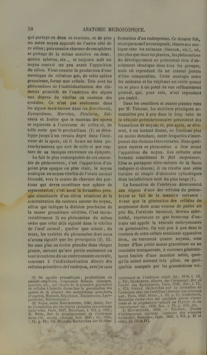 qui partage en deux ce contenu, et de plus un autre noyau apparaît de l’autre côté de ce sillon; puis ensuite chacune de ces sphères se partage de la môme manière en deux, quatre sphères, etc., et toujours naît un noyau central un peu avant l’apparition du sillon. Vient ensuite la production d’une enveloppe de cellulose qui, de cette sphère granuleuse, forme une cellule. Tels sont les phénomènes de l'individualisation des élé- ments primitifs de l’embryon des algues aux dépens du vitellus ou contenu des sporules. Ce n’est pas seulement dans les algues mais encore dans les Marchanlia, Lycopoclium, Marsilea, Pilularia, Sal- vinia et Isoëles que le contenu des spores se segmente à l’intérieur de celles-ci, de telle sorte que le prothallium (1) se déve- loppe jusqu’à un certain degré dans l’inté- rieur de la spore, où il forme un tissu pa- renchymateux qui sort de celle-ci par rup- ture de sa tunique extérieure ou épispore. Le fait le plus remarquable de cet ensem- ble de phénomènes, c’est l’apparition d’un point plus opaque ou plus clair, le noyau analogue au noyau vitellin de l’ovule animal fécondé, vers le centre de chacune des por- tions qui devra constituer une sphère de segmentation; c’est aussi la formation pres- que simultanée d’un sillon résultant de la concentration du contenu autour du noyau, sillon qui indique la division prochaine de la masse granuleuse vitelline. C’est incon- testablement là un phénomène du même ordre que celui déjà signalé dans le vitellus de l’oeuf animal, quelles que soient, du reste, les variétés du phénomène dont nous n’avons signalé que les principales (2). El- les sont plus ou moins grandes dans chaque plante, suivant qu’une partie seulement ou tou t lecontenu du sac embryonnaire ou ovule, concourt à l’individualisation directe des cellules primitives de l’embryon, avec’ou sans formation d’un endosperme. Ce dernier fait, ainsi que nous l'avons signalé, trouveson ana- logue chez les animaux (Oiseaux, etc.), où, pas plus que dans les plantes, les phénomènes du développement ne présentent rien d'ab- solument identique dans tous les groupes, mais où cependant ils ne cessent jamais d’ôtre comparables. Cette analogie entre les animaux et les végétaux est réelle quaud on se place à un point de vue suffisamment général, qui, pour cela, n’est cependant pas puéril. Dans les crucifères et autres plantes vues par M. Tulasne, les matières plastiques ac- cumulées peu à peu dans le long tube de la vésicule préembryouuaire présentent des formations de noyau; et, peu après, se divi- sent, à un instant donné, en fractions plus ou moins étendues, entre lesquelles s’inter- posent des cloisons transversales. Dans quel- ques espèces ce phénomène a lieu avant l’apparition du noyau. Les cellules ainsi formées constituent le filet suspenseur. Elles se partagent elles-mêmes de la façon indiquée ci-dessus; il en résulte une série linéaire et simple d’utricules cylindriques dont les inférieurs sont les plus longs (t). La formation de l’embryon directement aux dépens d’une des cellules du préem- bryon se fait de la manière suivante : Avant que la génération des cellules du suspenseur dont nous venons de parler ait pris fin, l’utricule terminai, devenu sphé- roïdal, représente ce que beaucoup d’au- teurs ont appelé la vésicule embryonnaire ou germinative. On voit peu à peu dans le contenu de cette cellule terminale apparaître deux, ou rarement quatre noyaux, sous forme d’une petite masse granuleuse ou au contraire transparente, à contours générale- ment limités d’une manière nette, quoi- qu’ils soient souvent très pâles, ou quel- quefois masqués par les granulations voi- (1) On appelle proembryon, prothallinm ou pseudo-cotylédon, l’expansion foliacée, oldongue, spaluléc, elc., (pii résullc de la première génération de cellules h laquelle donne lieu la germination dos spores do la plupart des acotylédones acroiènes. (Fougères, Mousses, Hépatiques, Équisétacccs, Lyco- podiacées, Rhizocurpécs.) (2) Voyez, outre IIoffmeister, 1849, Amici, Sur la fécondation des Orchidées (Annales des sciences naturelles, Paris. 1817, Botanique, t. VII, p. 103) ; II. Mont, Sur le développement de l'embryon dans 10■ morio. (Ilolan. Zeit. 1817 ; id., 1818, \ IX, p. 21); Cil. Muller, Recherches sur le déve- oppement de l'embryon vigét. (id., 18*8, t. IX, i. 33); Duchartre, Observ. sur lorganogr. P or. et •embr. des Nyctaginées, Paris, 18-18. Bot., t. IX, i 273- pineau, Recherches sur la formation de •embryon chez les Conifères lAnnales des scienees iat., Paris, 1819. Botan., t. XI, p. 3); Gaspabrini, Nouvelles recherches sur quelques poi ds « ana- nmie et de physiologie relatifs au Hguler e au '.apriftguier (id., 1819, Bot., t. IX. p. 305), etc. il) IIoffmeister, 1819. — Tulasne, Élude» ■ embryogénie végétale. (Annotes des laturelles, Botanique, Parts, 181J, t. Xtt, p. -t ci uiv., pl. III et IV).