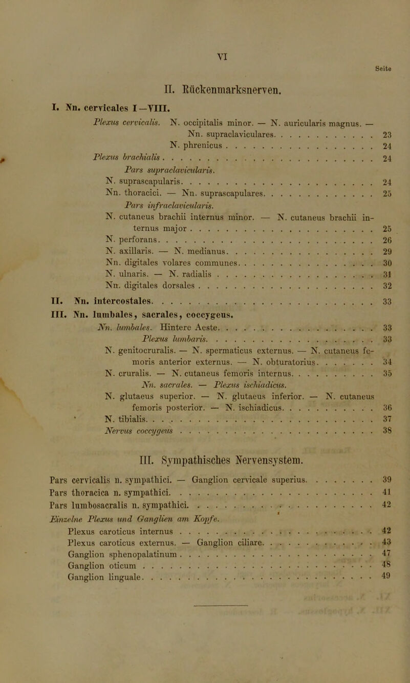 VI Seite II. Rückenmarksnerven. I. Nn. cervicales I—VIII. Plexus cervicalis. N. occipitalis minor. — N. auricularis magnus. — Nn. supraclaviculares 23 N. phreuicus 24 Plexus brachialis 24 Pars supraclavicularis. N. supraseapularis 24 Nn. thoracici. — Nn. suprascapulares 25 Pars infraclavicularis. N. cutaneus brachii internus minor. — N. cutaneus brachii in- ternus major 25 N. perforans 26 N. axillaris. — N. medianus 29 Nn. digitales volares communes 30 N. ulnaris. — N. radialis 31 Nn. digitales dorsales 32 II. Nn. intercostales 33 III. Nn. lumbales j sacrales, coccygeus. Nn. lumbales. Hintere Aeste 33 Plexus lumbaris 33 N. genitocruralis. — N. spermaticus externus. — N. cutaneus fc- moris anterior externus. — N. obturatorius 34 N. cruralis. — N. cutaneus femoris internus 35 Nn. sacrales. — Plexus iscJiiudicus. N. glutaeus superior. — N. glutaeus inferior. — N. cutaneus femoris posterior. — N. ischiadicus 36 ‘ N. tibialis 37 Nervus coccygeus 38 III. Sympathisches Nervensystem. Pars cervicalis n. sympatliici. — Ganglion cervieale superius 39 Pars thoracica n. sympathici 41 Pars lmnbosacralis n. sympatliici 42 l Einzelne Plexus und Ganglien am Kopfe. Plexus caroticus internus 42 Plexus caroticus externus. — Ganglion ciliare 43 Ganglion sphenopalatinum NI Ganglion oticum 48 Ganglion linguale 49