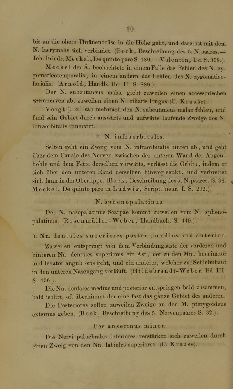 \ bis an die obere Thränendrüse in die Höhe geht, und daselbst mit dem Fv. lacrymalis sich verbindet. (Bock, Beschreibung des 5. N.paares.— Joh. Friedr. Meckel,De quinto pareS. 180. — Valentin, 1. c. S. 358.). Meckel der Ä. beobachtete in einem Falle das Fehlen des N. zy- gomaticotemporalis, in einem andern das Fehlen des N. zygomatico- facialis. (Arnold, Handb. Bd. II. S. 889.). Der N. subcutaneus malae giebt zuweilen einen accessorischen Stirnnerven ab, zuweilen einen N. ciliaris longus (C. Krause). Voigt (1. c.) sah mehrfach den N. subcutaneus malae fehlen, und fand sein Gebiet durch auswärts und aufwärts laufende Zweige des N. infraorbitalis innervirt. 2. N. infraorbitalis. Selten geht ein Zweig vom N. infraorbitalis hinten ab, und geht über dem Canale des Nerven zwischen der unteren Wand der Augen- höhle und dem Fette derselben vorwärts, verlässt die Orbita, indem er sich über den unteren Rand derselben hinweg senkt, und verbreitet sich dann in der Oberlippe. (Bock, Beschreibung des 5. N.paares. S. 38. ^ Meckel, De quinto pare in Ludwig, Script, ’neur. I. S. 202.). N. sphenopalatinus. Der N. nasopalatinus Scarpae kommt zuweilen vom N. spheno- palatinus. (Rosenmüller-Weber, Handbuch, S. 449.). 3. Nn. dentales superiores poster. , medius und anterior. Zuweilen entspringt von dem Verbindungsaste der vorderen und hinteren Nn. dentales superiores ein Ast, der zu den Mm. buccinator und levator anguli oris geht, und ein anderer, welcher zur Schleimhaut in den unteren Nasengang verläuft. (Hi ldeb ran dt-Weber. Bd. III. S. 456.). DieNn. dentales medius und posterior entspringen bald zusammen, bald isolirt, oft übernimmt der eine fast das ganze Gebiet des anderen. Die Posteriores sollen zuweilen Zweige an den M. pterygoideus externus geben. (Bock, Beschreibung des 5. Nervenpaares S. 32.). Pes anserinus minor. Die Nervi palpebrales inferiores verstärken sich zuweilen durch einen Zweig von den Nn. labiales superiores. (C. Krause).