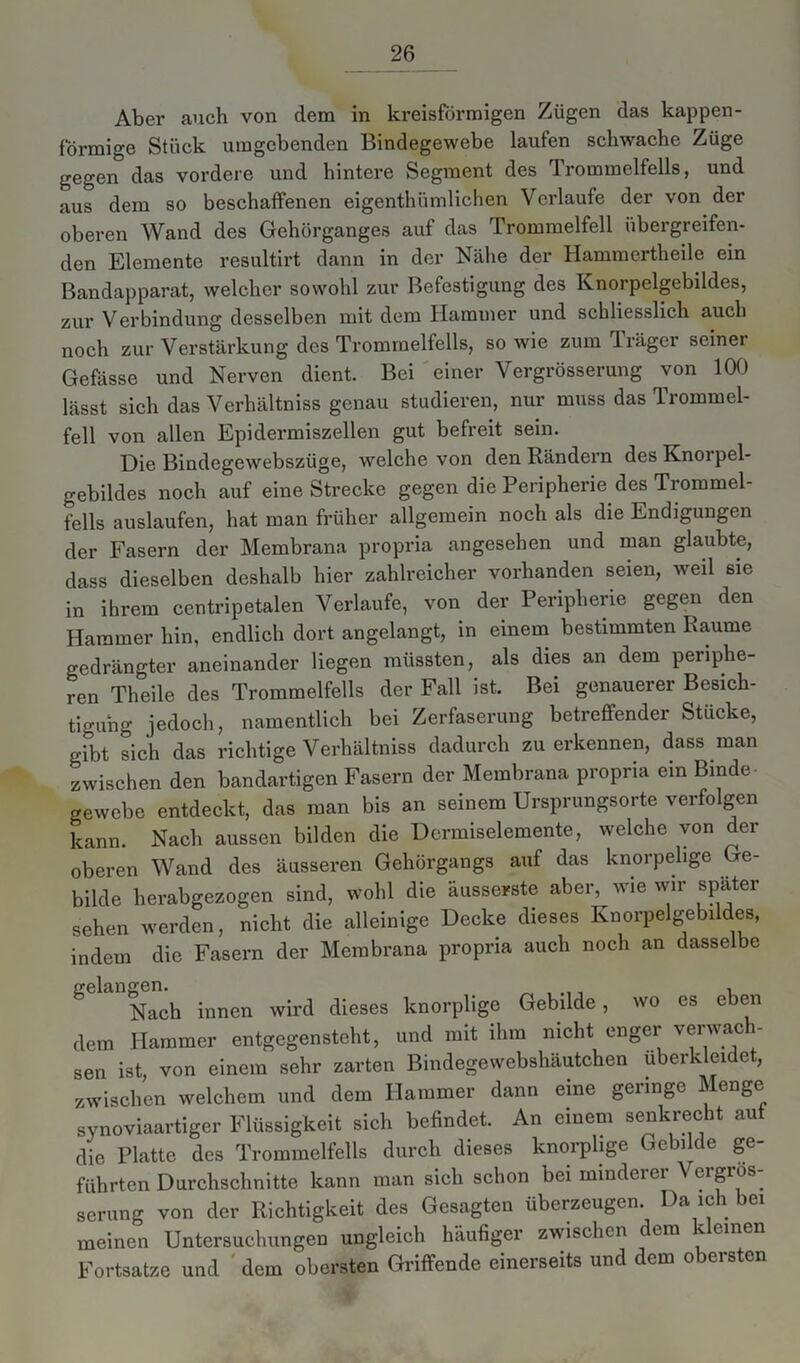 Aber auch von dem in kreisförmigen Zügen das kappen- förmige Stück umgebenden Bindegewebe laufen schwache Züge gegen das vordere und hintere Segment des Trommelfells, und aus dem so beschaffenen eigenthümlichen Verlaufe der von der oberen Wand des Gehörganges auf das Trommelfell übergreifen- den Elemente resultirt dann in der Nähe der Hammertheile ein Bandapparat, welcher sowohl zur Befestigung des Knorpelgebildes, zur Verbindung desselben mit dem Hammer und schliesslich auch noch zur Verstärkung des Trommelfells, so wie zum Träger seiner Gefässe und Nerven dient. Bei einer Vergrösserung von 100 lässt sich das Verhältniss genau studieren, nur muss das Trommel- fell von allen Epidermiszellen gut befreit sein. Die Bindegewebszüge, welche von den Rändern desKnoipel- gebildes noch auf eine Strecke gegen die Peripherie des Trommel- fells auslaufen, hat man früher allgemein noch als die Endigungen der Fasern der Membrana propria angesehen und man glaubte, dass dieselben deshalb hier zahlreicher vorhanden seien, weil sie in ihrem centripetalen Verlaufe, von der Peripherie gegen den Hammer hin, endlich dort angelangt, in einem bestimmten Raume gedrängter aneinander liegen müssten, als dies an dem periphe- ren Theile des Trommelfells der Fall ist. Bei genauerer Besich- tigung jedoch, namentlich bei Zerfaserung betreffender Stücke, gibt sich das richtige Verhältniss dadurch zu erkennen, dass man zwischen den bandartigen Fasern der Membrana propria ein Binde gewebe entdeckt, das man bis an seinem Ursprungsorte verfolgen kann. Nach aussen bilden die Dermiselemente, welche von der oberen Wand des äusseren Gehörgangs auf das knorpelige Ge- bilde herabgezogen sind, wohl die äusserste aber, wie wir später sehen werden, nicht die alleinige Decke dieses Knorpelgebildes, indem die Fasern der Membrana propria auch noch an dasselbe g Hach innen wird dieses knorplige Gebilde, wo es eben dem Hammer entgegensteht, und mit ihm nicht enger verwach- sen ist, von einem sehr zarten Bindegewebshautchen uberkleidet, zwischen welchem und dem Hammer dann eine geringe Menge synoviaartiger Flüssigkeit sich befindet. An einem senkrecht auf die Platte des Trommelfells durch dieses knorplige Gebilde ge- führten Durchschnitte kann man sich schon bei ininderei \ cigiös serung von der Richtigkeit des Gesagten überzeugen. Da ich bei meinen Untersuchungen ungleich häufiger zwischen dem v einen Fortsatze und dem obersten Griffende einerseits und dem obersten