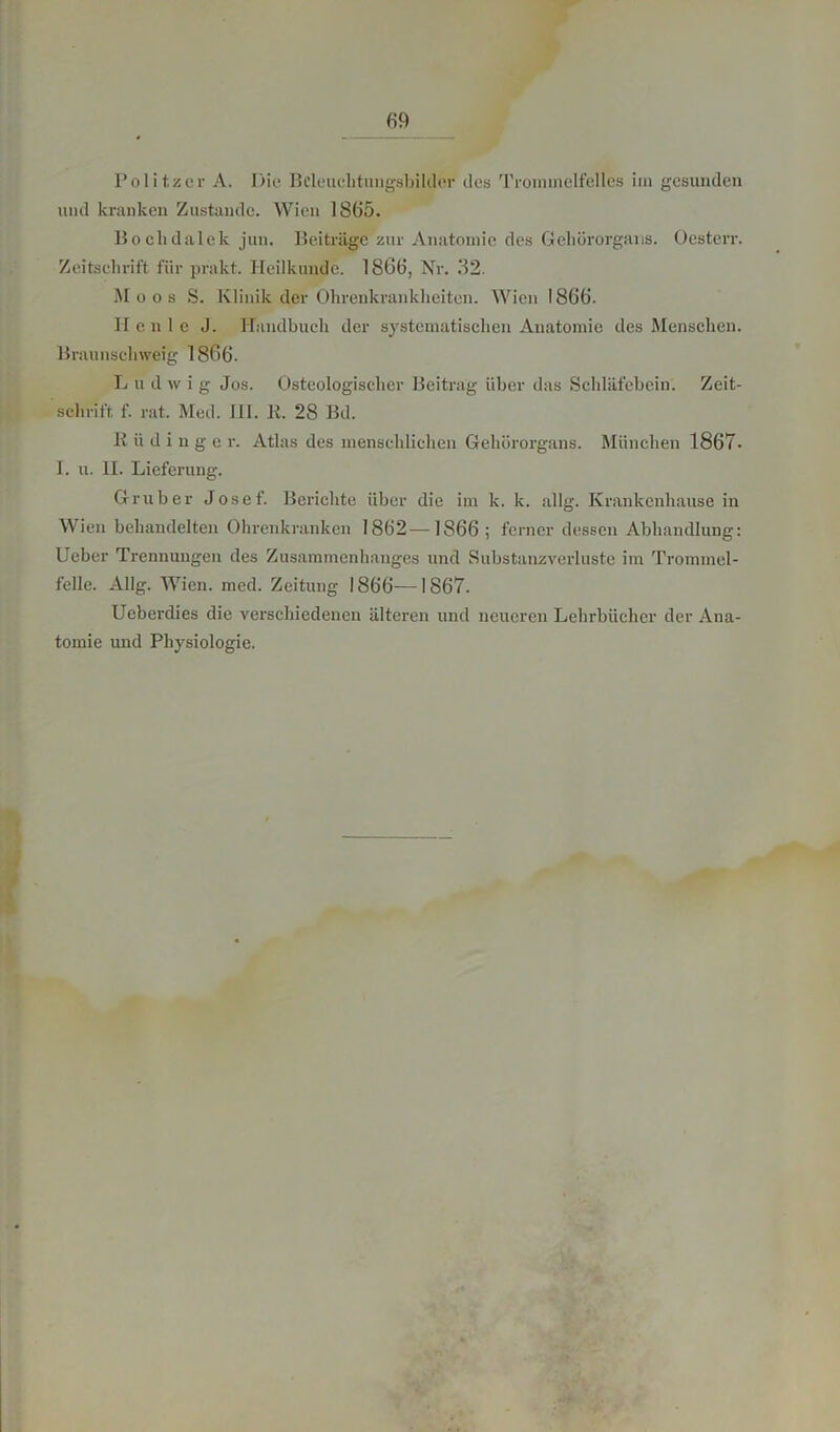 Politzer A. Die Bcleuclituugsbildcr des Trommelfelles im gesunden und kranken Zustande. Wien 1865. Bochdalek jun. Beiträge zur Anatomie des Gehörorgans. Oesterr. Zeitschrift für prakt. Heilkunde. 1866, Nr. 32. Moos S. Klinik der Ohrenkrankheiten. Wien 1866. Hcnle J. Handbuch der systematischen Anatomie des Menschen. Braunschweig 1866. L u dwig Jos. Osteologiseher Beitrag über das Schläfebein. Zeit- schrift. f. rat. Med. 111. K. 28 Bd. K ü d i u g e r. Atlas des menschlichen Gehörorgans. München 1867. I. u. II. Lieferung. Grub er Josef. Berichte über die im k. k. allg. Krankenhause in Wien behandelten Ohrenkranken 1862—1866; ferner dessen Abhandlung: Ueber Trennungen des Zusammenhanges und Substanzverluste im Trommel- felle. Allg. Wien. med. Zeitung 1866—1867. Ucberdies die verschiedenen älteren und neueren Lehrbücher der Ana- tomie und Physiologie.