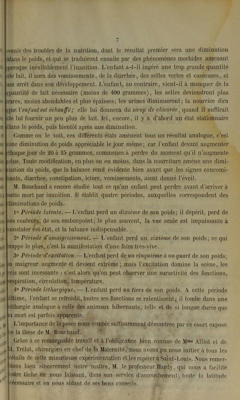 « e- les né a 'DS >U3 te ï: mi- re- il a lir iOi# ifrt Là 're- nier .venir des troubles de la nutrition, dont le résultat premier sera une diminution ddans le poids, et qui se traduiront ensuite par des phénomènes morbides amenant (presque inévitablement l’inanition. L’enfant a-t-il ingéré une trop grande quantité dde lait, il aura des vomissements, de la diarrhée, des selles vertes et caséeuses, et min arrêt dans son développement. L’enfant, au contraire, vient-il à manquer de la [(quantité de lait nécessaire (moins de 400 grammes), les selles deviendront plus «ares, moins abondahtes et plus épaisses; les urines diminueront; la nourrice dira que Yenfant est échauffé; elle lui donnera du sirop de chicorée, quand il suffirait «iJe lui fournir un peu plus de lait. Ici, encore, il y a d’abord un état stationnaire dlans le poids, puis bientôt après une diminution. Comme on le voit, ces différents états amènent tous un résultat analogue, c’est inné diminution de poids appréciable le jour même; car l’enfant devant augmenter thaquejour de 20 à 25 grammes, commence à perdre du moment qu’il n’augmente olus. Toute modification, en plus ou en moins, dans la nourriture amène une dimi- nution du poids, que la balance rend évidente bien avant que les signes concomi- ants, diarrhée, constipation, ictère, vomissements, aient donné l’éveil. M. Boucliaud a encore étudié tout ce qu’un enfant peut perdre avant d’arriver à ••■elle mort par inanition. 11 établit quatre périodes, auxquelles correspondent des diminutions de poids. 1° Période latente. — L’enfant perd un dixième de son poids; il dépérit, perd de ■ es couleurs, de son embonpoint; le plus souvent, la vue seule est impuissante à c onstater cet état, et la balance indispensable. 2° Période d’amaigrissement. — L’enfant perd un sixième de son poids; ce qui rrappe le plus, c’est la manifestation d’une faim très-vive. » ici* ifin oil ;[W ieitf* ni A 3° Période d’excitation.— L’enfant perd de un cinquième à un quart de son poids; ■ta maigreur augmente et devient extrême; mais l’excitation domine la scène, les ris sont incessants : c’est alors qu’on peut observer une suractivité des fonctions, ■aspiration, circulation, température. 4° Période léthargique. — L’enfant perd un tiers de son poids. A celte période iiltime, l’enfant se refroidit, toutes ses fonctions se ralentissent; il tombe dans une éthargie analogue à celle des animaux hibernants, telle et de si longue durée que il mort est parfois apparente. L’importance de la pesée nous semble suffisamment démontrée par ce court exposé e la thèse de M. Bouchaud. Grâce à ce remarquable travail et à l’obligeance bien connue de Alliot et de IL Trélat, chirurgien en chef de la Maternité, nous avons pu nous initier à tous les élails de cette minutieuse expérimentation et les répéter à Saint-Louis. Nous remer- ions bien sincèrement notre maître, M. le professeur Hardy, qui nous a facilité otre tâche èn nous laissant, dans son service d'accouchement, toute la latitude ’écessaire et en nous aidant de ses bons conseils.