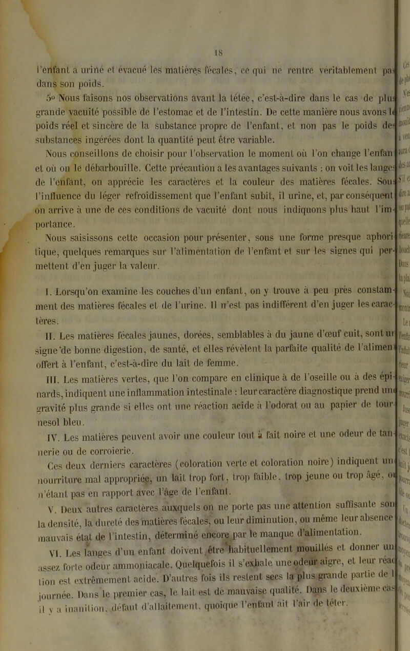 œonit l'enfant a imrté et évacué les matières fécalés, ce qui no rentre véritablement pas dans son poids. 6° Nous faisons nos observations avant la tétée, c’est-à-dire clans le cas de plu grande vacuité possible de l’estomac et de l’intestin. De cette manière nous avons 1» poids réel et sincère de la substance propre de l’enfant, et non pas le poids de? substances ingérées dont la quantité peut être variable. Nous conseillons de choisir pour l’observation le moment où l’on change l’enfan et où on le débarbouille. Cette précaution a les avantages suivants : on voit les lange de l’enfant, on apprécie les caractères et la couleur des matières fécales. Soie l’influence du léger refroidissement que l’enfant subit, il urine, et, par conséquent on arrive à une de ces conditions de vacuité dont nous indiquons plus haut l’im portance. Nous saisissons cette occasion pour présenter, sous une forme presque aphori tique, quelques remarques sur l’alimentation de l’enfant et sur les signes qui per mettent d’en juger la valeur. Ui I. Lorsqu’on examine les couches d’un enfant, on y trouve à peu près constam- ment des matières fécales et de l’urine. Il n’est pas indifférent d’en juger lescarac tères. II. Les matières fécales jaunes, dorées, semblables à du jaune d’œuf cuit, sontui signe‘de bonne digestion, de santé, et elles révèlent la parfaite qualité de l'aliment offert à l’enfant, c’est-à-dire du lait de femme. III. Les matières vertes, que l’on compare en clinique à de l’oseille ou à des épi- Lg nards, indiquent une inflammation intestinale : leur caractère diagnostique prend uni gravité plus grande si elles ont une réaction acide à l’odorat ou au papier de tour nesol bien. IV. Les matières peuvent avoir une couleur tout à fait noire et une odeur de tan ^ ce>|| •île i nerie ou de corroierie. Ces deux derniers caractères (coloration verte et coloration noire) indiquent un nourriture mal appropriée, un lait trop fort, trop faible, trop jeune ou trop âgé, oi ^ n’étant pas en rapport avec l’âge de l’enfant. y Deux autres caractères auxquels on ne porte pas une attention suffisante son la densité, la dureté des matières fécales, ou leur diminution, ou même leur absence mauvais état de l’intestin, déterminé encore par le manque d'alimentation. VI. Les langes d’un enfant doivent être habituellement mouillés et donnei un assez forte odeur ammoniacale. Quelquefois il s’exhale une odeur aigre, et h ui îéac lion est extrêmement acide. D’autres fois ils restent secs la plus grande partie de I journée. Dans le premier cas, le lait est de mauvaise qualité. Dans le deuxième cas ^ il v a inanition, défaut d’allaitement, quoique l’enfant ait l’air de téter. i W1 Ve jure) dti Ü S'il fi direa quelle rieutt kidi Dai» lifur lourri li» te <W: Ne Pif Toi