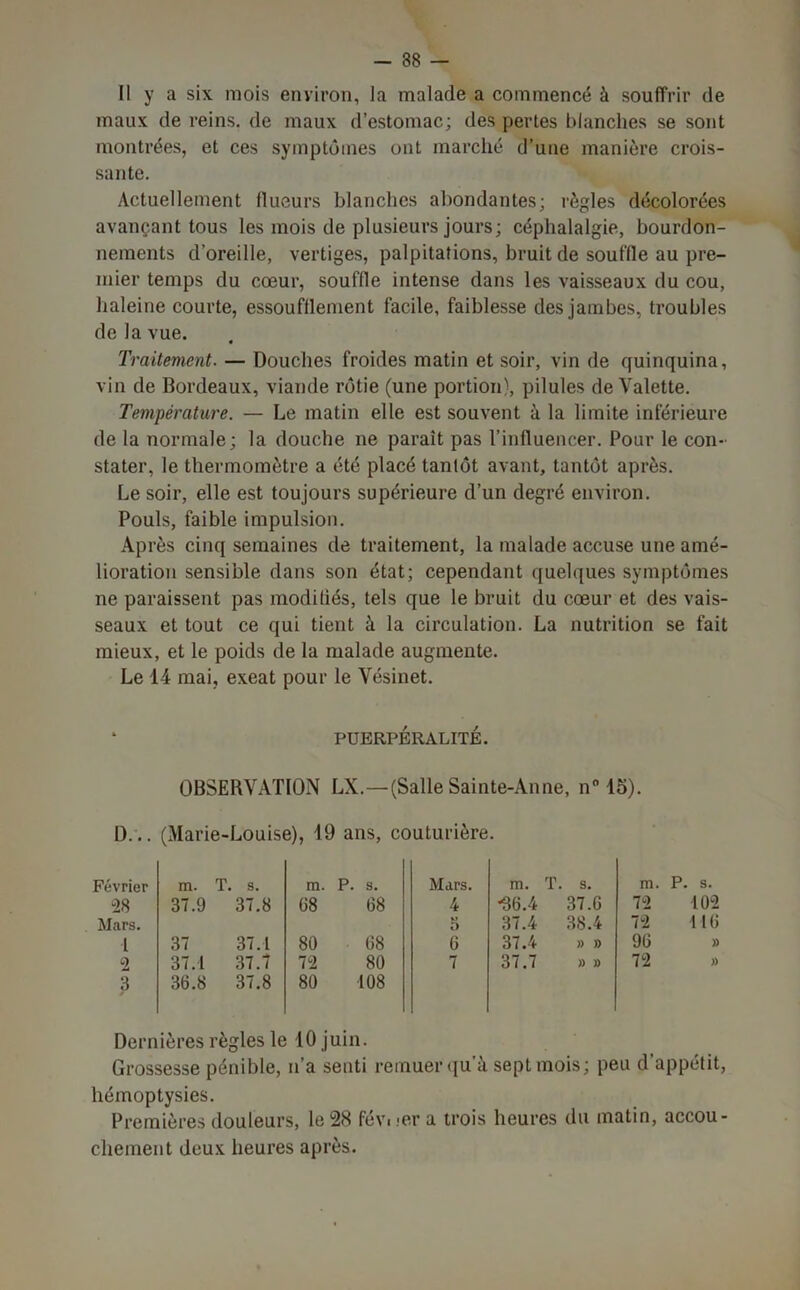 -ss- ii y a six mois environ, la malade a commencé à souffrir de maux de reins, de maux d’estomac; des pertes blanches se sont montrées, et ces symptômes ont marché d’une manière crois- sante. Actuellement flueurs blanches abondantes; règles décolorées avançant tous les mois de plusieurs jours; céphalalgie, bourdon- nements d’oreille, vertiges, palpitations, bruit de souffle au pre- mier temps du cœur, souffle intense dans les vaisseaux du cou, haleine courte, essoufflement facile, faiblesse des jambes, troubles de la vue. Traitement. — Douches froides matin et soir, vin de quinquina, vin de Bordeaux, viande rôtie (une portion), pilules de Valette. Température. — Le matin elle est souvent à la limite inférieure de la normale; la douche ne paraît pas l’influencer. Pour le con- stater, le thermomètre a été placé tantôt avant, tantôt après. Le soir, elle est toujours supérieure d’un degré environ. Pouls, faible impulsion. Après cinq semaines de traitement, la malade accuse une amé- lioration sensible dans son état; cependant quelques symptômes ne paraissent pas modifiés, tels que le bruit du cœur et des vais- seaux et tout ce qui tient à la circulation. La nutrition se fait mieux, et le poids de la malade augmente. Le 14 mai, exeat pour le Vésinet. ‘ PUERPÉRALITÉ. OBSERVATION LX.—(Salle Sainte-Anne, n° 15). D... (Marie-Louise), 19 ans, couturière. Février m. T. s. m. P. s. 28 37.9 37.8 68 68 Mars. 1 37 37.1 80 68 2 37.1 37.7 72 80 3 36.8 37.8 80 108 Mars. 4 fi o 6 7 m. 'i .. s. •86.4 37.6 37.4 38.4 37.4 » » 37.7 » » m. P. s. 72 102 72 i IÜ 96 » 72 » Dernières règles le 10 juin. Grossesse pénible, n’a senti remuer qu’à sept mois; peu d’appétit, hémoptysies. Premières douleurs, le 28 févi -er a trois heures du matin, accou- chement deux heures après.