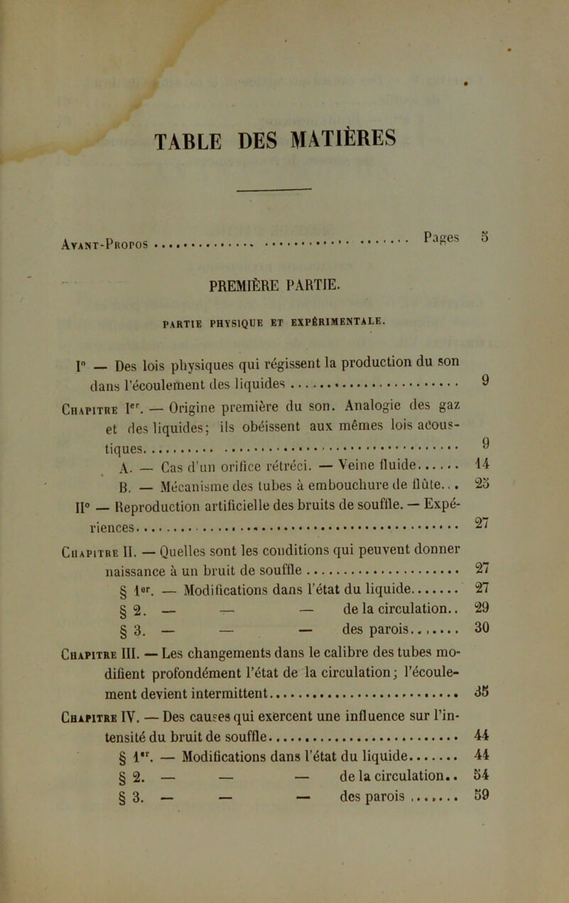 TABLE DES MATIÈRES Ayant-Propos Pages 5 PREMIÈRE PARTIE. PARTIE PHYSIQUE ET EXPÉRIMENTALE. In _ Des lois physiques qui régissent la production du son dans l’écoulement des liquides 9 Chapitre Ier. — Origine première du son. Analogie des gaz et des liquides; ils obéissent aux mêmes lois acous- tiques A. — Cas d’un orifice rétréci. — Veine lluide 14 B. — Mécanisme des lubes à embouchure de llûte... 25 II» _ Reproduction artificielle des bruits de souffle. — Expé- riences Chapitre II. — Quelles sont les conditions qui peuvent donner naissance à un bruit de souffle 27 § 1er. — Modifications dans l’état du liquide 27 §2. — — — de la circulation.. 29 § 3. — — — des parois 30 Chapitre III. — Les changements dans le calibre des tubes mo- difient profondément l’état de la circulation ; l’écoule- ment devient intermittent 35 Chapitre IV. — Des causes qui exercent une influence sur l’in- tensité du bruit de souffle 44 § 1. — Modifications dans l’état du liquide 44 §2. — — — de la circulation.. 54