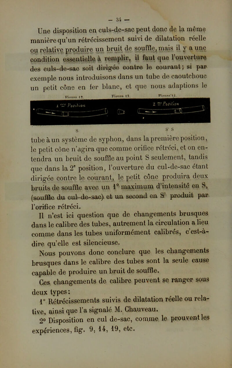Une disposition en culs-de-sac peut donc de la même manière qu’un rétrécissement suivi de dilatation réelle ou relative produire un bruit de souffle, mais il y a une condition essentielle à remplir, il faut que l’ouverture des culs-de-sac soit dirigée contre le courant; si par exemple nous introduisons dans un tube de caoutchouc un petit cône en fer blanc, et que nous adaptions le Vimirn 4 3. Fi<mr« 43. t Ie Position —~~OlI tube à un système de syplion, dans la première position, le petit cône n’agira que comme orifice rétréci, et on en- tendra un bruit de souffle au point S seulement, tandis que dans la 2e position, l’ouverture du cul-de-sac étant dirigée contre le courant, le petit cône produira deux bruits de souffle avec un 1° maximum d intensité en S, (souffle du cul-de-sac), et un second en S’ produit par l’orifice rétréci. Il n’est ici question que de changements brusques dans le calibre des tubes, autrement la circulation a lieu comme dans les tubes uniformément calibres, c est-à- dire quelle est silencieuse. Nous pouvons donc conclure que les changements brusques dans le calibre des tubes sont la seule cause capable de produire un bruit de souffle. Ces changements de calibre peuvent se ranger sous deux types : 1° Rétrécissements suivis de dilatation réelle ou rela- tive, ainsi que l’a signalé M. Chauveau. 2° Disposition en cul de-sac, comme le prouvent les expériences, fig. 9, 1^ 19, etc.