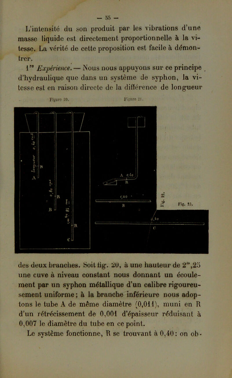 L’intensité du son produit par les vibrations d’une niasse liquide est directement proportionnelle à la vi- tesse. La vérité de cette proposition est facile à démon- trer. lra Expérience.— Nous nous appuyons sur ce principe d’hydraulique que dans un système de syphon, la vi- tesse est en raison directe de la différence de longueur Figure 20. Figure 21. des deux branches. Soitiig. 20, à une hauteur de 2,ü,23 une cuve à niveau constant nous donnant un écoule- ment par un syphon métallique d’un calibre rigoureu- sement uniforme ; à la branche inférieure nous adop- tons le tube A de même diamètre (0,011), muni en R d’un rétrécissement de 0,001 d’épaisseur réduisant à 0,007 le diamètre du tube en ce point. Le système fonctionne, R se trouvant à 0,40: on ob»