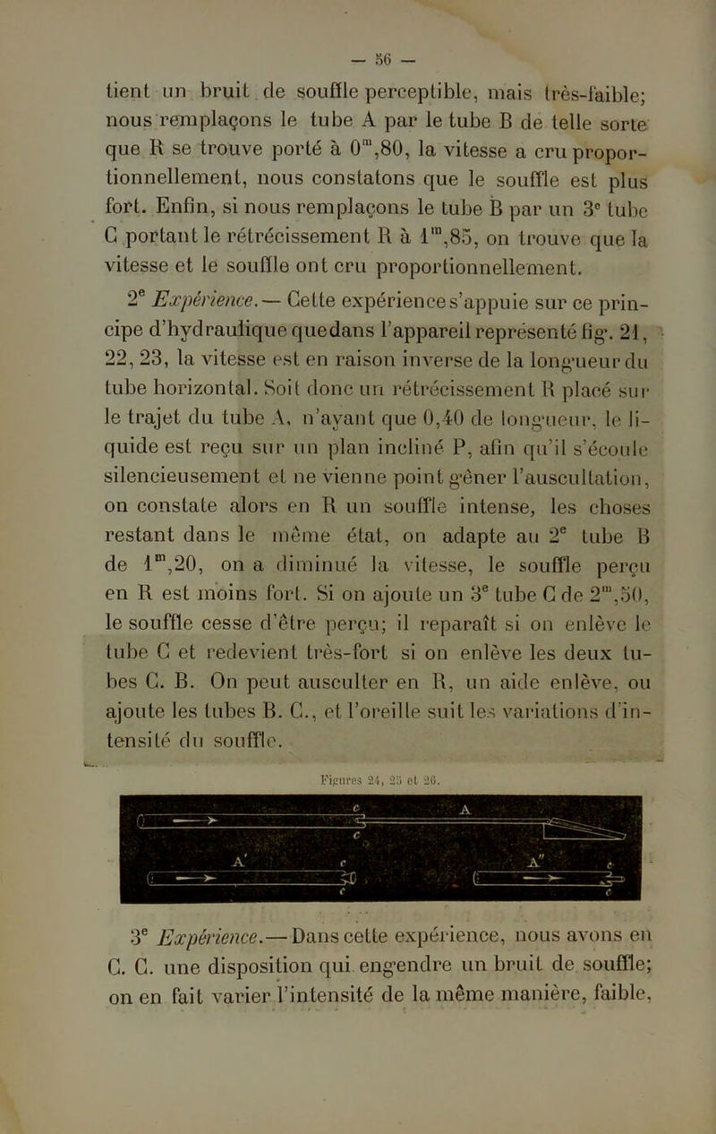 lient un bruit de souffle perceptible, mais très-faible; nous remplaçons le tube A par le tube B de telle sorte que R se trouve porté à O™,80, la vitesse a cru propor- tionnellement, nous constatons que le souffle est plus fort. Enfin, si nous remplaçons le tube B par un 3° tube C portant le rétrécissement R à l',85, on trouve que la vitesse et le souffle ont cru proportionnellement. 2e Expérience.— Cette expérience s’appuie sur ce prin- cipe d’hydraulique quedans l’appareil représenté fig. 21, 22, 23, la vitesse est en raison inverse de la longueur du tube horizontal. Soil donc un rétrécissement U placé sur le trajet du tube A, n’ayant que 0,40 de longueur, le li- quide est reçu sur un plan incliné P, afin qu’il s’écoule silencieusement et ne vienne point gêner l’auscultation, on constate alors en R un souffle intense, les choses restant dans le même état, on adapte au 2e tube B de 1T,20, on a diminué la vitesse, le souffle perçu en R est moins fort. Si on ajoute un 3e tube C de 2m,50, le souffle cesse d’être perçu; il reparaît si on enlève le tube C et redevient très-fort si on enlève les deux tu- bes C. B. On peut ausculter en R, un aide enlève, ou ajoute les tubes B. C., et l’oreille suit les variations d in- tensité du souffle. Figures 24, 2o et 26. 3e Expérience.— Dans cette expérience, nous avons en C. G. une disposition qui engendre un bruit de souffle; on en fait varier l’intensité de la même manière, faible,