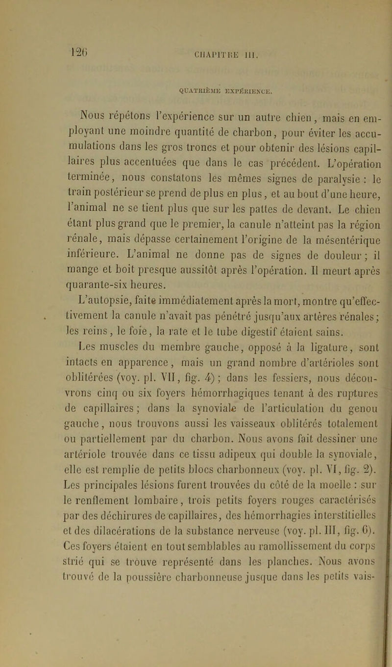 120 CIIAI’IT HE 111. QUATRIÈME EXPÉRIENCE. Nous répétons l’expérience sur un autre chien, mais en em- ployant une moindre quantité de charbon, pour éviter les accu- mulations dans les gros troncs et pour obtenir des lésions capil- laires plus accentuées que dans le cas précédent. L’opération terminée, nous constatons les mêmes signes de paralysie: le train postérieur se prend de plus en plus, et au bout d’une heure, 1 animal ne se lient plus que sur les pattes de devant. Le chien étant plus grand que le premier, la canule n’atteint pas la région rénale, mais dépasse certainement l’origine de la mésentérique inférieure. L’animal ne donne pas de signes de douleur; il mange et boit presque aussitôt après l’opération. Il meurt après quarante-six heures. L’autopsie, faite immédiatement après la mort, montre qu’efl'ec- tivement la canule n’avait pas pénétré jusqu’aux artères rénales; les reins, le foie, la rate et le tube digestif étaient sains. Les muscles du membre gauche, opposé à la ligature, sont intacts en apparence, mais un grand nombre d’artérioles sont oblitérées (voy. pl. VII, fîg. 4); dans les fessiers, nous décou- vrons cinq ou six foyers hémorrhagiques tenant à des ruptures de capillaires ; dans la synoviale de l’articulation du genou gauche, nous trouvons aussi les vaisseaux oblitérés totalement ou partiellement par du charbon. Nous avons fait dessiner une artériole trouvée dans ce tissu adipeux qui double la synoviale, elle est remplie de petits blocs charbonneux (voy. pl. VI, lîg. 2). Les principales lésions furent trouvées du côté de la moelle : sur le renflement lombaire, trois petits foyers rouges caractérisés par des déchirures de capillaires, des hémorrhagies interstitielles et des dilacérations de la substance nerveuse (voy. pl. III, fig. G). Ces foyers étaient en tout semblables au ramollissement du corps strié qui se trouve représenté dans les planches. Nous avons trouvé de la poussière charbonneuse jusque dans les petits vais-