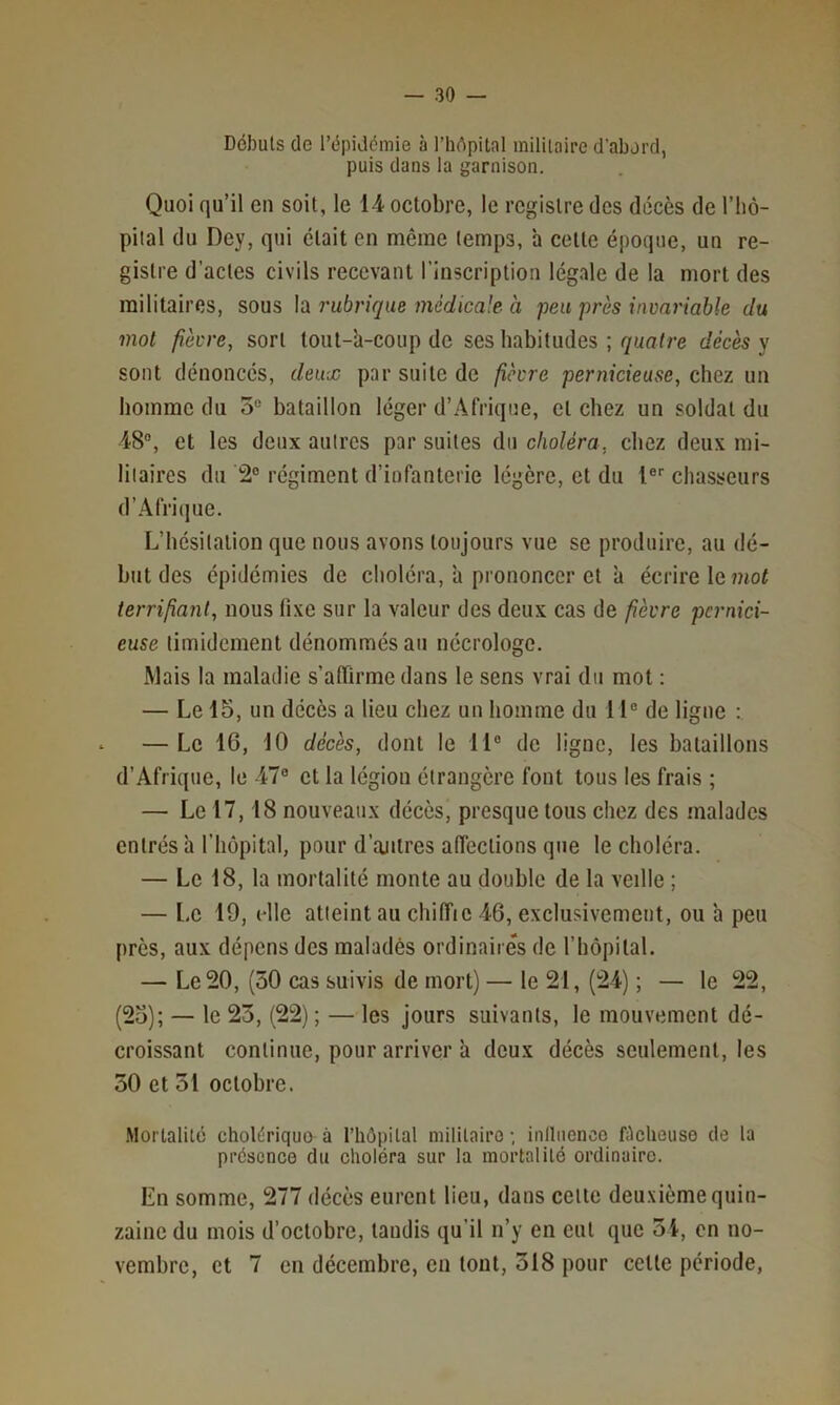 Débuts (le l’épidémie à l’hépital militaire d’abord, puis dans la garnison. Quoi qu’il en soit, le 14 octobre, le registre des décès de l’hô- pilal du Dey, qui était en même temps, à cette époque, un re- gistre d’actes civils recevant l’inscription légale de la mort des militaires, sous la rubrique médicale a 'peu près invariable du mot fièvre, sort tout-à-coup de ses habitudes ; quatre décès y sont dénoncés, deux par suite de fièvre pernicieuse, chez un homme du 5° bataillon léger d’Afrique, et chez un soldat du 48®, et les deux autres par suites du choléra, chez deux mi- litaires du 2® régiment d’infanterie légère, et du 1®'' chasseurs d’Afri(jue. L’hésitation que nous avons toujours vue se produire, au dé- but des épidémies de choléra, à prononcer et à écrire le mof terrifiant, nous fixe sur la valeur des deux cas de fièvre pernici- euse timidement dénommés au nécrologo. Mais la maladie s’affirme dans le sens vrai du mot : — Le 15, un décès a lieu chez un homme du 11® de ligne : — Le 16, 10 décès, dont le 11® de ligne, les bataillons d’Afrique, le 47® et la légion étrangère font tous les frais ; — Le 17,18 nouveaux décès, presque tous chez des malades entrés à l’hôpital, pour d’ajilres affections que le choléra. — Le 18, la mortalité monte au double de la veille ; — Le 19, elle atteint au chiffic 46, exclusivement, ou à peu près, aux dépens des malades ordinaires de l’hopilal. — Le 20, (30 cas suivis de mort) — le 21, (24) ; — le 22, (2o); — le 23, (22) ; — les jours suivants, le mouvement dé- croissant continue, pour arriver à deux décès seulement, les 30 et 31 octobre. Morlalilc cholériquo à rhôpilal niililairo ; inlliienco filcheuse de la présence du choléra sur la mortalité ordinaire. En somme, 277 décès eurent lieu, dans celte deuxième quin- zaine du mois d’octobre, tandis qu’il n’y en eut que 34, en no- vembre, et 7 eu décembre, en tout, 318 pour celle période,