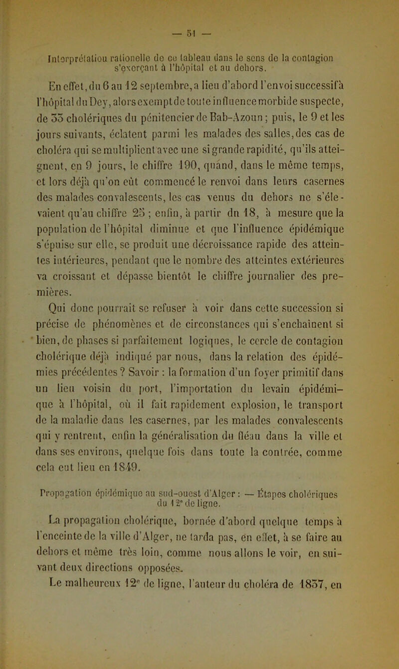 — bl Inloi'prélaLiou ralionello do co tableau dans le sens do la contagion s’oxorçani à l’hôpital et au dehors. Encfret.dnCaii 12 septembre,a lieu d’abord l’envoi successila rbôpitaidu Dey, alorsexemptde toulc influence morbide suspecte, de 55 cholériques du pénitencier de Bab-Azoun ; puis, le 9 et les jours suivants, éclatent parmi les malades des salles,des cas de choléra qui se multiplient avec une si grande rapidité, qu’ils attei- gnent, en 9 jours, le chiffre 190, quand, dans le meme tcmj)s, et lors déjà qu’on eût commencé le renvoi dans leurs casernes des malades convalescents, les cas venus du dehors ne s’éle- vaient qu’au chiffre 2o ; enfin, à partir dn 18, à mesure que la population de riiôpilal diminue et que l’influence épidémique s’épuise sur elle, se produit une décroissance rapide des attein- tes intérieures, pendant que le nombre des atteintes extérieures va croissant et dépasse bientôt le chiffre journalier des pre- mières. Qui donc pourrait SC refuser a voir dans cette succession si précise de phénomènes et de circonstances (jui s’enchaînent si ' bien, de phases si parfaitement logiques, le cercle de contagion cholérique déjà indiiiué par nous, dans la relation des épidé- mies précédentes ? Savoir ; la formation d’un foyer primitif dans un lieu voisin du port, l’importation du levain épidémi- que h riiôpilal, où il fait rapidement explosion, le transport de la maladie dans les casernes, par les malades convalescents qui y rentrent, enfin la généralisation du fléau dans la ville et dans ses environs, cpielque fois dans toute la contrée, comme cela eut lieu en 1849. Propagation épidémique au sud-ouest d'Alger: — Étapes cholériques du'12'de ligne. La propagation cholérique, bornée d’abord quelque temps à l’enceinte de la ville d’Alger, ne tarda pas, en cllet, à se faire au dehors et même très loin, comme nous allons le voir, en sui- vant deux directions opposées- Le malheureux 12 de ligne, l’auteur du choléra de 1857, en