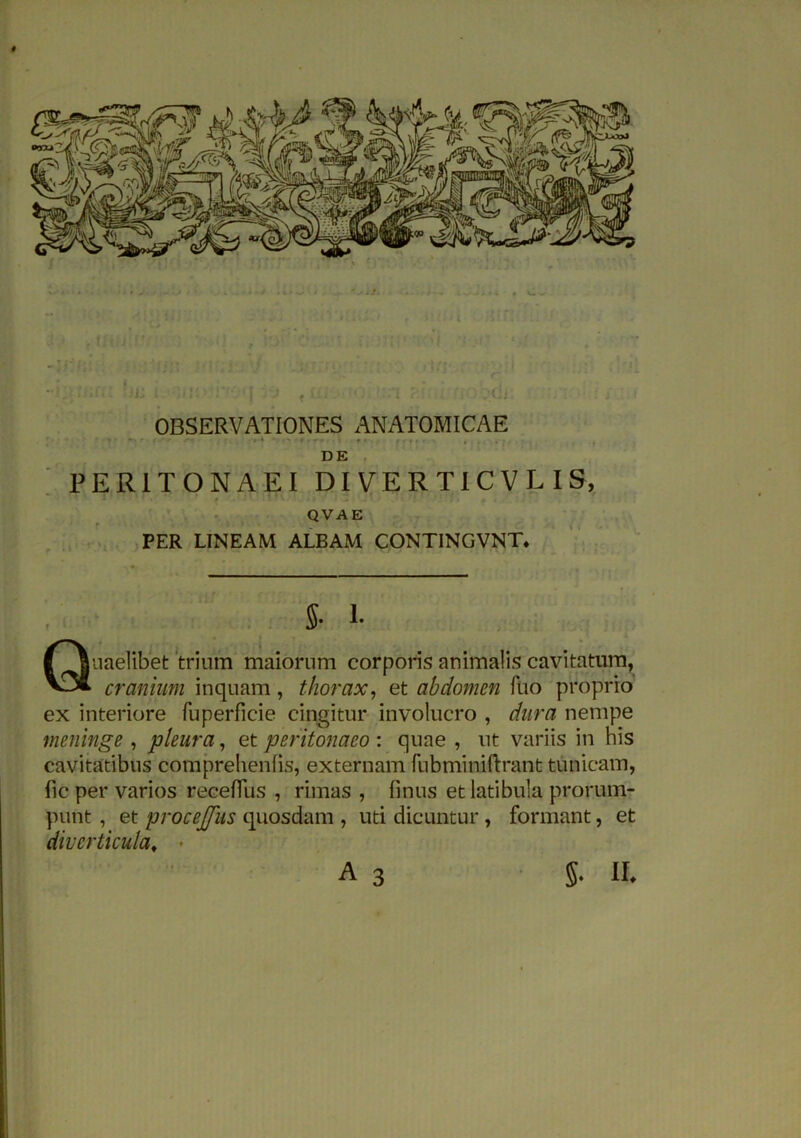 „ tamv OBSERVATIONES ANATOMICAE , i . . . DE PERITONAEI DIVERTICVLIS, QVAE PER LINEAM ALBAM CONTINGVNT* 5- i- Quaelibet trium maiorum corporis animalis cavitatum, cranium inquam, thorax, et abdomen fuo proprio ex interiore fuperficie cingitur involucro , dura nempe meninge , pleura, et peritonaeo : quae , ut variis in his cavitatibus oomprehenfis, externam fubminiftrant tunicam, fic per varios recefliis , rimas , finus et latibula prorum- punt , et pvocejfus quosdam , uti dicuntur , formant, et diverticula, •