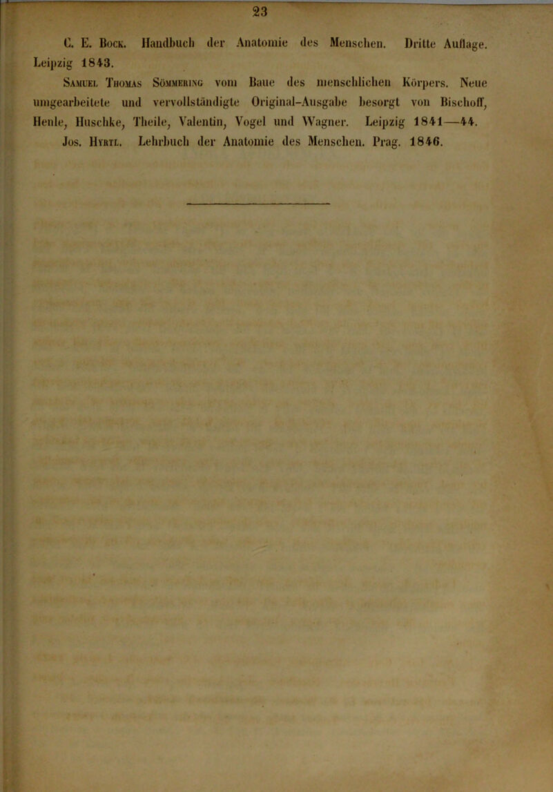 C. E. Bock. Handbucb (ler Anatomie des Menschen. Dritte Auflage. Leipzig 1843. Samuel Thomas Sömmering vom Baue des nienschlichen Körpers. Neue unigearheitete und vervollständigte Original-Ausgabe besorgt von Bischoff, Henle, Huschke, Theile, Valentin, Vogel und Wagner. Leipzig 1841—44. Jos. Hvbtl. Lebrbucli der Anatomie des Menschen. Prag. 1846.