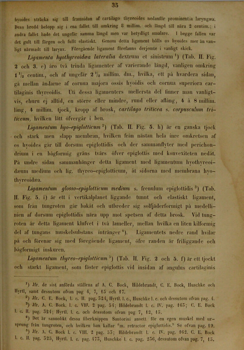35 hyoidcs sträcka sig till framsidan af carlilago thyrcoides nedanför prominentia laryngrea. Dess bredd belopp sig i ena fallet till omkring 11 millim. och längd till nära 2 ccnlim.; i andra fallet hade det ungefär samma längd men var betydligt smalare. 1 begge fallen var det gult till färgen och fullt elastiskt. Genom detta ligament hölls os hyoidcs mer än van- ligt närm ad l till larynx. Föregående ligament förefanns derjemle i vanligt skick. Ligamenta hyolhyreoidaa lateralia dextrum et sinistrum 1) (Tal). II. Fig. 2 och 3. e) åro (vå trinda ligamenler af varierande längd, vanligen omkring i % centim., och af ungefär 2 V2 millim. dm., livilka, ett på hvardera sidan, gå mellan ändarne af corntta majora ossis hyoidis och cornua superiora car- tilaginis thyreoidis. Uti dessa ligamenters mellersta del finner man vanligt- vis, ehuru ej alltid, en större eller mindre, rund eller aflång, 4 å 8 millim. lång, 4 millim. tjock, kropp af hrosk, carlilago triticea s. corpusculum tri- liceum, hvilken lätt öfvergår i hen. Ligamentum hyo-epiglotticum2) (Tah. II. Fig. 5. h) är en ganska tjock ■ och stark men slapp memhran, hvilken från nästan hela inre omkretsen af os hyoides går till dorsuin epigloltidis och der sammanflyter med periehon- drium i en hågformig gräns tvärs öfver epiglollis med konvexitelen nedåt. På undre sidan sammanhänger detta ligament med ligamentum hyothyreoi- dteum medium och lig. thyreo-epiglolticum, ål sidorna med memhrana hyo- thyreoidtea. Ligamentum glosso-epiglotticum medium s. frenulum epigloltidis3) (Tab. II. Fig. 5. i) är ett i vertikalplanet liggande tunn t och elastiskt ligament, som från tungroten går bakåt och utbreder sig solfjäderformigt på medelli- nien af dorsuin epigloltidis nära upp mot spetsen af detta hrosk. Vid tung- roten är detta ligament klufvet i två lameller, mellan hvilka en liten kilformig del af tungans muskelsubstans intränger4). Liganientets nedre rand hvilar på och förenar sig med föregående ligament, ölre randen är friliggande och bågformigt inskuren. Ligamentum thyreo-epiglolticum5) (Tah. II. Fig. 2 och 5. f) är ett tjockt och starkt ligament, som fäster epiglollis vid insidan af angulus cartilaginis Jfr. de sist anförda ställena af A. C. Bock, Ilildebrandt, C. E. Bock, lluschkc och Hyrll, samt dessutom ofvan pag 4, 7, 15 och 17. -) Jfr. C. E. Bock, 1. c. K. pag. 521, Hyrtl. 1. c., lluschke 1. c. och dessutom ofvan pag. 3) Jfr. A. C. Bock. 1. c. VHJ. 2 pag. 51; Hildehrandt 1. c. IV. pag. 105; C. E. Bock 1. c. II. pag. 521; Hyrtl. I. c. och dessutom ofvan pag 7, 12, 15. 4) Det är sannolikt dessa liberknippen Sanlorini ansett för en egen muskel med ur- sprung frän lungrolen, och hvilken han kallar ”111. retraclor epigloltidis.” Se ofvan pag. 19. Ä) Jfr. A. C. Bock 1. c. VIII. 2 pag. 55; Hildehrandt I. c. IV. pag. 162. C. E. Bock