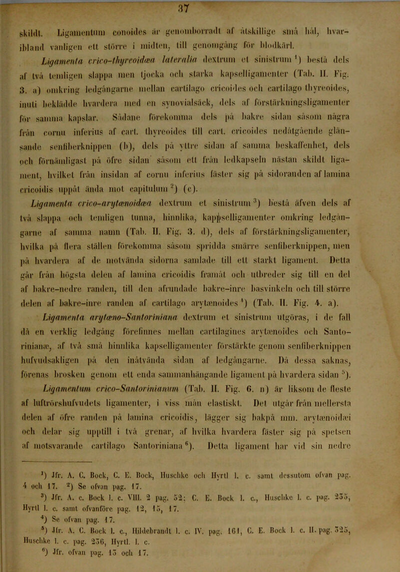 skildt. Ligamentum conoides är genomborradl af ålskillige små hål, hvar- ibland vanligen ett större i midtcn, till gen gång för blodkärl. Ligamenta crico-thyreoidwa lateralia dextrum el sinistrum1) bestå dels af två teinligen slappa men tjocka och starka kapselligamenler (Tab. II. Fig. 3. a) omkring ledgångarne mellan cartilago cricoides och cartilago thyreoides, inuti beklädde bvardera med en synovialsäck, dels af förstärkningsligamenter för samma kapslar. Sådane förekomma dels på bakre sidan såsom några från cornu inferius af cart. thyrcoides till earl. cricoides nedåtgående glän- sande seniiberknippen (b), dels på yltre sidan af samma beskaffenhet, dels och förnämligast på öfre sidan såsom ett från ledkapseln nästan skildt liga— ment; hvilkel från insidan af cornu inferius fäster sig på sidoranden af lamina cricoidis uppåt ända mot capilulum 2 3 4) (c). Ligamenta crico-arytmnoidtea dextrum et sinislrum1) bestå älven dels af två slappa och temligen tunna, hinnlika, kap^selligamenter omkring ledgån- garne af samma namn (Tab. II. Fig. 3. d), dels af förstärkningsligamenter, hvilka på flera ställen förekomma såsom spridda smärre seniiberknippen, men på bvardera af de. motvända sidorna samlade till ett starkt ligamenl. Detta går från högsta delen af lamina cricoidis framåt och utbreder sig till en del af bakre-nedre randen, till den afrundade bakre-inre basvinkeln och till större delen af bakre-inre randen af cartilago arytamoides ') (Tab. II. Fig. 4. a). Ligamenta arytieno-Santoriniana dextrum et sinislrum utgöras, i de fall då en verklig ledgång förefinnes mellan cartilagines aryUenoides och Sanlo- riniaiue, af två små hinnlika kapselligamenler förstärkte genom seniiberknippen hufvudsakligen på den inåtvända sidan af ledgångarne. Då dessa saknas, förenas brosken genom ett enda sammanhängande ligamenl på bvardera sidan 5). Ligamentum crico-Santorinianuvi (Tab. II. Fig. 6. n) är liksom de fleste af luftrörshufvudets ligamenter, i viss mån elastiskt. Det utgår från mellersta delen af öfre randen på lamina cricoidis, lägger sig bakpå mm. arylanioidan och delar sig upptill i två grenar, af hvilka bvardera fäster sig på spetsen af motsvarande cartilago Santoriniana ®). Detta ligamenl har vid sin nedre J) Jfr. A. C. Bock, C. E. Bock, Husclike och Hyrt! I. c. samt dessutom ofvan pag. ■5 och 17. 2) Se ofvan pag. 17. 3) Jfr. A. c. Bock I. c. VIII. 2 pag. 52; C. E. Bock 1. c., Husclike 1. c. pag. 235, Hyrll I. c. samt ofvanförc pag. 12, 15, 17. 4) Se ofvan pag. 17. •) Jfr. A. C. Bock I. c., Hildebrandt 1. c. IV. pag. 161, C. E. Bock 1. c. II. pag. 325, Husclike 1. c. pag. 236, Hyrll. 1. c. bJ Jfr. ofvan pag. 13 och 17.