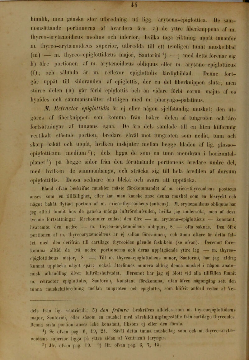hinnlik, men ganska stor utbredning uti ligg. anUeno-epigloltica. De sam- mansättande portionerna al' hvardera äro: a) de yltre fiberknippena af m. tbyreo-arytajnoid;eus medius och interiör, bvilka taga riktning uppåt innanför in. tbyreo-aryta?noidauis superiur, utbredda till ett lemligen tunnt muskelblad (m) — m. tbyreo-epiglollidieus major, Santorini ') —; med detta förenar sig b) öfre portionen af m. arybenoidauis obliquus eller m. arytamo-epiglotticus (fj; ocb sålunda ar m. reflexor epiglotlidis färdigbildad. Denne fort- går uppåt till sidoranden af epiglottis, der en del liberknippen sluta; men större delen (n) går förbi epiglottis och än vidare förbi cornu majus af os byoides ocb sammansmälter slutligen med m. pbaryngo-palalinus. M. Retractor epiglotlidis är ej eller någon sjelfständig muskel ; den ul- göres af liberknippen som komma från bakre delen af lungroten och äro fortsättningar af lungans egna. De äro dels samlade till en liten kilformig vertikalt stående portion, bredare såväl mot lungroten som nedåt, tunn ocb skarp bakåt ocb uppåt, bvilkon inskjuter mellan begge bladen af lig. glosso- epiglotticum medium2); dels ligga de som en tunn membran i horizonlal- planet3) på begge sidor från den förutnämde portionens bredare undre del, med bvilken de sammanhänga, ocb sträcka sig till hela bredden af dorsum epiglotlidis. Dessa sednare äro bleka ocb svåra att upptäcka. Blaml ofvan beskiifnc muskler måste förekommandet af m. crico-thyreoidseus postieus anses som en tillfällighet, eller kan man kanske anse denna muskel som en lösryckt och något hakat flyttad portion af m. crico-thyreoidseus (antieus). M. arytsenoidseus obliquus har jag alltid funnit hos de ganska många luftrörshufvudcn, bvilka jag undersökt, men af dess tvenne fortsättningar förekommer endast den öfre — m. arytamo-epiglotticus — konstant, hvaremot den nedre — m. thyreo-arylicnoidams obliquus, S. — ofta saknas. Ben öfre portionen af m. thyreoarylaenoidams är oj sällan försvunnen, och ännu oftare är delta fal- let med den derifrån till cartilogo thyreoides gående faskikeln (se ofvan). Dcrcmot före- komma alltid de två nedre portionerna och deras uppåtgående yttre lag — m. thyreo- cpiglotlidams major, S. —. Till m. thyreo-epiglotlida;us minor, Santorini, har jag aldrig kunnat upptäcka något spår; också återfinnes numera aldrig denna muskel i någon anato- misk afhandling öfver luftrörshufvudct. Deremot har jag ej blott vid alla tillfällen funnit m. retractor epiglotlidis, Santorini, konstant förekomma, ulan äfven någongåug sett den tunna muskelulbredning mellan tungroten och epiglottis, som blifvit anförd redan af Vc- dels från lig. ventrieuli; o) den främre beskrifves alldeles som m. thyreoepiglottidams major, Santorini, eller såsom en muskel med särskild! utgångsställe från carlilago thyreoides. Denna sista portion anses icke konstant, liksom ej eller den första. i) Se ofvan pag. l‘>, 10, 21. Såväl detta tunna muskellag som ock in. thyreo-arylae- noidaeus superior ligga på yttre sidan af \cntriculi Jaryngis.