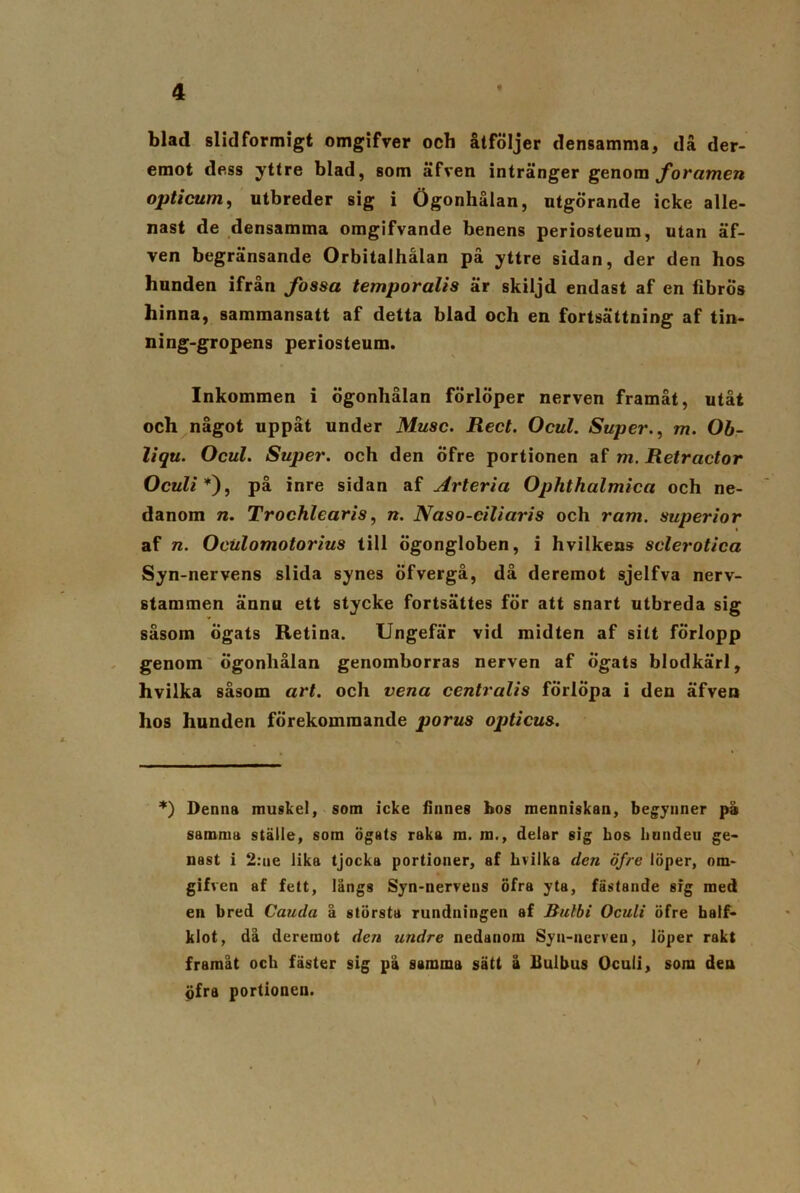 blad slidformigt omgifver och åtföljer densamma, då der- emot dess yttre blad, som äfven intränger genom foramen opticum, utbreder sig i Ögonhålan, utgörande icke alle- nast de densamma omgifvande benens periosteum, utan äf- ven begränsande Orbitalhålan på yttre sidan, der den hos hunden ifrån fossa temporalis är skiljd endast af en fibrös hinna, sammansatt af detta blad och en fortsättning af tin- ning-gropens periosteum. Inkommen i ögonhålan förlöper nerven framåt, utåt och något uppåt under Musc. Rect. Ocul. Super., m. Ob- liqu. Ocul. Super, och den öfre portionen af m. Retrcictor Oculi *), på inre sidan af Arteria Ophthalmica och ne- danom n. Trochlearis, n. Naso-ciliaris och ram. superior af n. Oculomotorius till ögongloben, i hvilkens sclerotica Syn-nervens slida synes öfvergå, då deremot sjelfva nerv- stammen ännu ett stycke fortsättes för att snart utbreda sig såsom Ögats Retina. Ungefär vid midten af sitt förlopp genom ögonhålan genomborras nerven af ögats blodkärl, hvilka såsom art. och vena centralis förlöpa i den äfven hos hunden förekommande porus opticus. *) Denna muskel, som icke linnes bos menniskan, begynner pä samma ställe, som ögats raka m. ra., delar sig bos bnndeu ge- nast i 2:ue lika tjocka portioner, 8f hvilka den öfre löper, om- gifven af fett, långs Syn-nervens öfra yta, fästande sig med en bred Cauda å största rundningen af Bulbi Oculi öfre half- klot, då deremot den undre nedanom Syn-nerven, löper rakt framåt och fäster sig pä samma sätt ä llulbus Oculi, som den öfra portionen. /