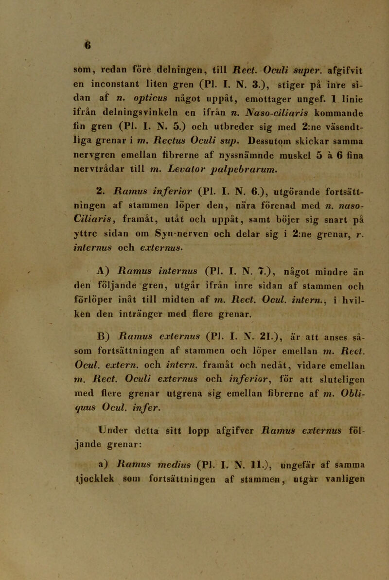 som, redan före delningen, till Rect. Oculi super, afgifvit en inconstant liten gren (Pl. I. N. 3.), stiger på inre si- dan af n. opticus något uppåt, emottager ungef. 1 linie ifrån delningsvinkeln en ifrån n. Naso-ciliaris kommande fin gren (Pl. I. N. 5.) och utbreder sig med 2:ne väsendt- liga grenar i m. Reetus Oculi sup. Dessutom skickar samma nervgren emellan fibrerne af nyssnämnde muskel 5 å 6 fina nervtrådar till m. Levator palpebrarum. 2. Ramus inferior (Pl. I. N. 6.), utgörande fortsätt- ningen af stammen löper den, nära förenad med n. nuso- Ciliaris, framåt, utåt och uppåt, samt böjer sig snart på yttre sidan om Syn nerven och delar sig i 2:ne grenar, r. internus och externus. A) Ramus internus (Pl. I. N. 7.), något mindre än den följande gren, utgår ifrån inre sidan af staminen och förlöper inåt till midten af m. Red. Ocul. intern., i hvil- ken den intränger med flere grenar. B) Ramus externus (Pl. I. N. 21.), är att anses så- som fortsättningen af stammen och löper emellan rn. Red. Ocul. extern, och intern, framåt och nedåt, vidare emellan rn. Rect. Oculi externus och inferior, för att sluteligen med flere grenar utgrena sig emellan fibrerne af m. Obli- quus Ocul. inf er. Under detta sitt lopp afgifver Ramus externus föl- jande grenar: a) Ramus medius (Pl. I. N. 11.), ungefär af samma tjocklek som fortsättningen af stammen, utgår vanligen