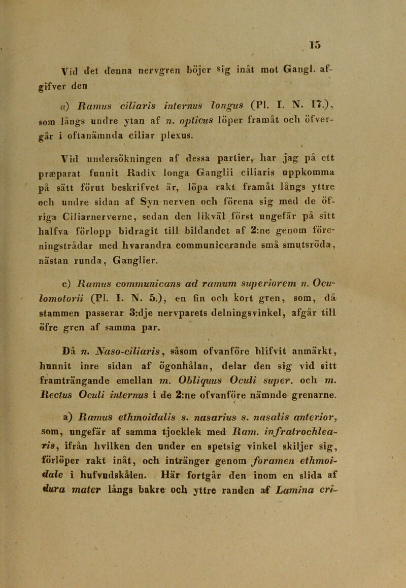 Vid det denna nervgren böjer sig inät mot Gangl. af- gifver den «) Ramus ciliaris internus longus (PI. I. N. 17.), som långs undre ytan af n. opticus löper framåt och öfver- går i oftanainnda eiliar plexus. 1 . Vid undersökningen af dessa partier, har jag på ett praeparat funnit Radix longa Ganglii ciliaris uppkomma på sätt förut beskrifvet är, löpa rakt framåt långs yttre och undre sidan af Syn nerven och förena sig med de öf- riga Ciliarnerverne, sedan den likväl först ungefär på sitt lialfva förlopp bidragit till bildandet af 2:ne genom före- ningstrådar med hvarandra communicerande små smutsröda, nästan runda, Ganglier. c) Ramus communicans ad ramum superiorem n. Ocu- lomotorii (Pl. I. N. 5.), en lin och kort gren, som, då stammen passerar 3:dje nervparets delningsvinkel, afgår till öfre gren af samma par. \ v Då n. Naso-ciliaris, såsom ofvanfÖre blifvit anmärkt, hunnit inre sidan af ögonhålan, delar den sig vid sitt framträngande emellan m. Ohliquus Oculi super, och m. Rectus Oculi internus i de 2:ne ofvanföre nämnde grenarne. a) Ramus ethmoidalis s. nasarius s. nasalis anterlor, som, ungefär af samma tjocklek med Ram. infratrochlea- ris, ifrån hvilken den under en spetsig vinkel skiljer sig, förlöper rakt inåt, och intränger genom foramcn ethmoi- dale i hufvudskålen. Här fortgår den inom en slida af dura mäter långs bakre och yttre randen af Lamina cri