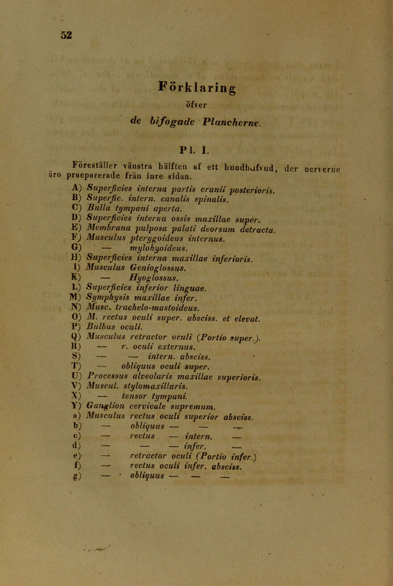 Förklaring öfver de bifogade Plancherne. PI. I. Föreställer vänstra hälften af ett hundhufvud, der äro praeparerade frän inre sidan. A) Superficies interna partis cranii posterioris. B) Superfic. intern, canalis spinalis. C) Bulla tympani aperta. D) Superficies interna ossis maxillae super. E) Membrana pulposa palati deorsum detracta. Fj Musculus pterygoideus internus. G) — rnylohyoideus. H) Superficies interna maxillae inferioris. I) Musculus Genioglossus. K) — Hyoglossus. L) Superficies infer ior linguae. M) Sympkysis maxillae infer. N) Musc„ trachelo-mastoideus. O) M. rectus oculi super, absciss. et elevat. P) Bulbus oculi. Q) Musculus retractor oculi (Portio super.). K) — r. oculi externus. S) — — intern, absciss. T) — obliquus oculi super. U) Processus alveolaris maxillae superioris. V) Muscul. stylomaxillaris. X) — tensor tympani. Y) Ganglion cervicale supremurn. a) Musculus rectus oculi superior absciss. b) — obliquus — — -r- c) — rectus — intern. — d) — — — infer. — e) — retractor oculi (Portio infer.) i) — rectus oculi infer. absciss. g) — ' obliquus — — — nerverne