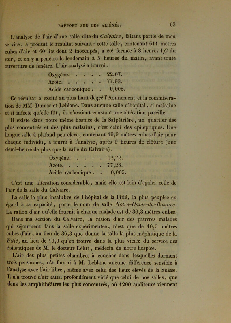 L’analyse de l’air d’une salle dite du Calvaire, faisant partie de mon service, a produit le résultat suivant : cette salle, contenant 611 mètres cubes d’air et 60 lits dont 2 inoccupés, a été fermée à 8 heures 1/2 du soir, et on y a pénétré le lendemain à 5 heures du matin, avant toute ouverture de fenêtre. L’air analysé a fourni : Oxygène 22,07. Azote 77,93. Acide carbonique . . 0,008. Ce résultat a excité au plus haut degré l’étonnement et la commiséra- tion de MM. Dumas et Leblanc. Dans aucune salle d’hôpital, si malsaine et si infecte qu’elle fut, ils n’avaient constaté une altération pareille. Il existe dans notre même hospice de la Salpêtrière, un quartier des plus concentrés et des plus malsains, c’est celui des épileptiques. Une longue salle à plafond peu élevé, contenant 19,9 mètres cubes d’air pour chaque individu, a fourni à l’analyse, après 9 heures de clôture (une demi-heure de plus que la salle du Calvaire) : Oxygène 22,72. Azote 77,28. Acide carbonique . . 0,005. C’est une altération considérable, mais elle est loin d’égaler celle de lJair de la salle du Calvaire. La salle la plus insalubre de l’hôpital de la Pitié, la plus peuplée eu égard à sa capacité, porte le nom de salle Notre-Dame-du-Rosaire. La ration d’air qu’elle fournit à chaque malade est de 36,3 mètres cubes. Dans ma section du Calvaire, la ration d’air des pauvres malades qui séjournent dans la salle expérimentée, n’est que de 10,5 mètres cubes d’air, au lieu de 36,3 que donne la salle la plus méphitique de la Pitié, au lieu de 19,9 qu’on trouve dans la plus viciée du service des épileptiques de M. le docteur Lélut, médecin de notre hospice. L’air des plus petites chambres à coucher dans lesquelles dorment trois personnes, n’a fourni à M. Leblanc aucune différence sensible à l’analyse avec l’air libre, même avec celui des lieux élevés de la Suisse. Il n’a trouvé d’air aussi profondément vicié que celui de nos salles, que dans les amphithéâtres les plus concentrés, où 1200 auditeurs viennent