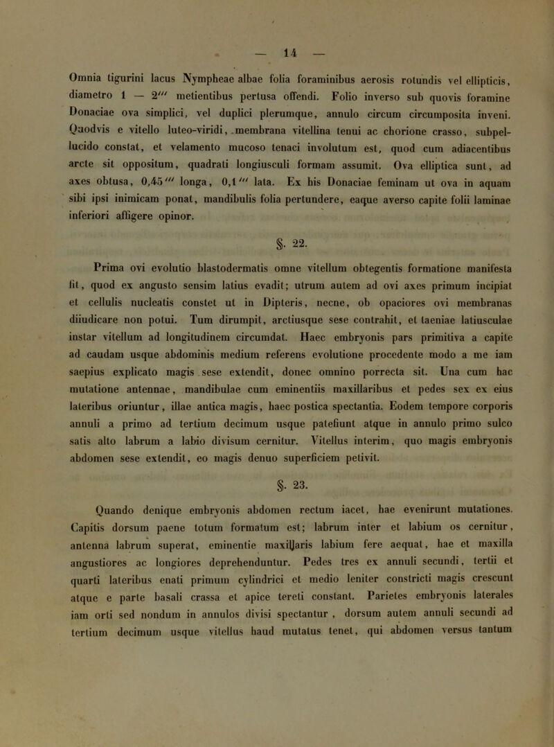 Omnia tigurini lacus Nympheae albae folia foraminibus aerosis rotundis vel ellipticis, diametro 1 — 2' metientibus pertusa offendi. Folio inverso sub quovis foramine Donaciae ova simplici, vel duplici plerumque, annulo circum circumposita inveni. Quod vis e vitello luteo-viridi, .membrana vitellina tenui ac chorione crasso, subpel- lucido constat, et velamento mucoso tenaci involutum est, quod cum adiacentibus arcte sit oppositum, quadrati longiusculi formam assumit. Ova elliptica sunt, ad axes obtusa, 0,45longa, 0,1' lata. Ex bis Donaciae feminam ut ova in aquam sibi ipsi inimicam ponat, mandibulis folia pertundere, eaque averso capite folii laminae inferiori affigere opinor. §• 22. Prima ovi evolutio blastodermatis omne vitellum obtegentis formatione manifesta lit, quod ex angusto sensim latius evadit; utrum autem ad ovi axes primum incipiat et cellulis nucleatis constet ut in Dipteris, necne, ob opaciores ovi membranas diiudicare non potui. Tum dirumpit, arctiusque sese contrahit, et taeniae latiusculae instar vitellum ad longitudinem circumdat. Haec embryonis pars primitiva a capite ad caudam usque abdominis medium referens evolutione procedente modo a me iam saepius explicato magis sese extendit, donec omnino porrecta sit. Una cum hac mutatione antennae, mandibulae cum eminentiis maxillaribus et pedes sex ex eius lateribus oriuntur, illae antica magis, haec postica spectantia. Eodem tempore corporis annuli a primo ad tertium decimum usque patefiunt atque in annulo primo sulco satis alto labrum a labio divisum cernitur. Vitellus interim, quo magis embryonis abdomen sese extendit, eo magis denuo superficiem petivit. §• 23. Quando denique embryonis abdomen rectum iacet, hae evenirunt mutationes. Capitis dorsum paene totum formatum est; labrum inter et labium os cernitur, antenna labrum superat, eminentie maxiljaris labium fere aequat, hae et maxilla angustiores ac longiores deprehenduntur. Pedes tres ex annuli secundi, tertii et quarti lateribus enati primum cylindrici et medio leniter constricti magis crescunt atque e parte basali crassa et apice tereti constant. Parietes embryonis laterales iam orti sed nondum in annulos divisi spectantur , dorsum autem annuli secundi ad tertium decimum usque vitellus haud mutatus tenet, qui abdomen versus tantum