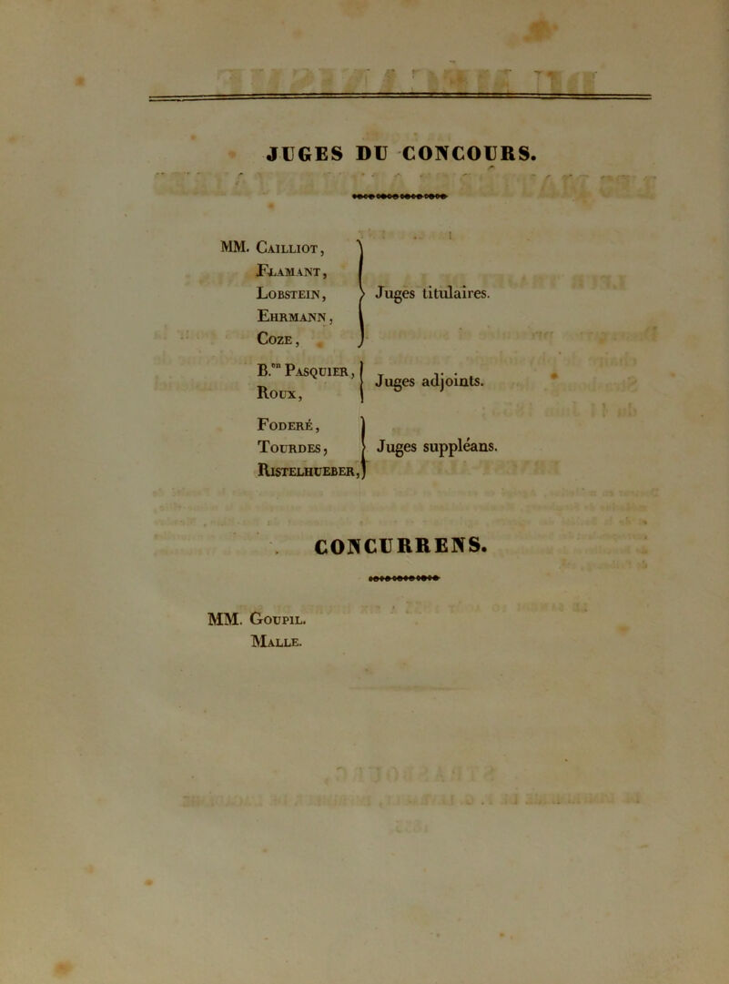 JUGES DU CONCOURS. yv , ' V j I ’! 1: i i -■<» f»«» * « Juges titulaires. I , !.. il Juges adjoints. Foderé, Tourdes, [ Juges suppléans. Ristelhueber,) J 5 • r i .... CONCURRENS. oe»aoeteo»»» B.e P.ASQUIER j Roux, MM. Goupil. Malle.