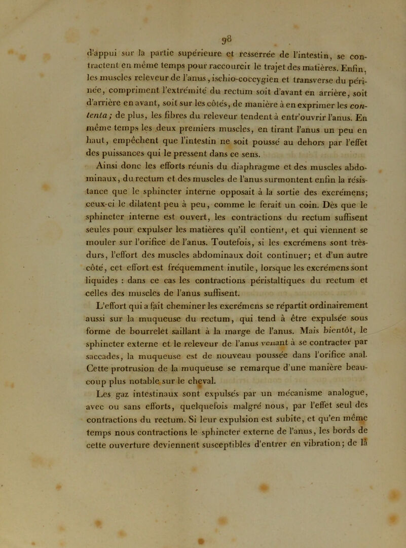 d’appui sur la partie supérieure et resserrée de l’intestin, se con- tractent en même temps pour raccourcir le trajet des matières. Enfin, les muscles releveur de l’anus , i&chio-coccygien et transverse du péri- née, compriment l’extrémité du rectum soit d’avant en arrière, soit d arriéré en avant, soit sur les cotés, de manière à en exprimer les con- tenta; de plus, les fibres du releveur tendent à entr’ouvrir l’anus. En même temps les deux premiers muscles, en tirant l’anus un peu en haut, empechent que 1 intestin ne soit poussé au dehors par l’effet des puissances qui le pressent dans ce sens. Ainsi donc les efforts réunis du diaphragme et des muscles abdo- minaux, du rectum et des muscles de l’anus surmontent enfin la résis- tance que le sphincter interne opposait à la sortie des excrémens; ceux-ci le dilatent peu à peu, comme le ferait un coin. Dès que le sphincter interne est ouvert, les contractions du rectum suffisent seules pour expulser les matières qu’il contient, et qui viennent se mouler sur l’orifice de l’anus. Toutefois, si les excrémens sont très- durs, l’effort des muscles abdominaux doit continuer; et d’un autre côté, cet effort est fréquemment inutile, lorsque les excrémens sont liquides : dans ce cas les contractions péristaltiques du rectum et celles des muscles de l’anus suffisent. L’effort qui a fait cheminer les excrémens se répartit ordinairement aussi sur la muqueuse du rectum, qui tend à être expulsée sous forme de bourrelet saillant à la marge de l’anus. Mais bientôt, le sphincter externe et le releveur de l’anus venant à se contracter par saccades, la muqueuse est de nouveau poussée dans 1 orifice anal. Cette protrusion de la muqueuse se remarque d’une manière beau- coup plus notable sur le cheval. Les gaz intestinaux sont expulsés par un mécanisme analogue, avec ou sans efforts, quelquefois malgré nous, par l’effet seul des contractions du rectum. Si leur expulsion est subite, et qu’en meme temps nous contractions le sphincter externe de l’anus, les bords de cette ouverture deviennent susceptibles d’entrer en vibration; de la