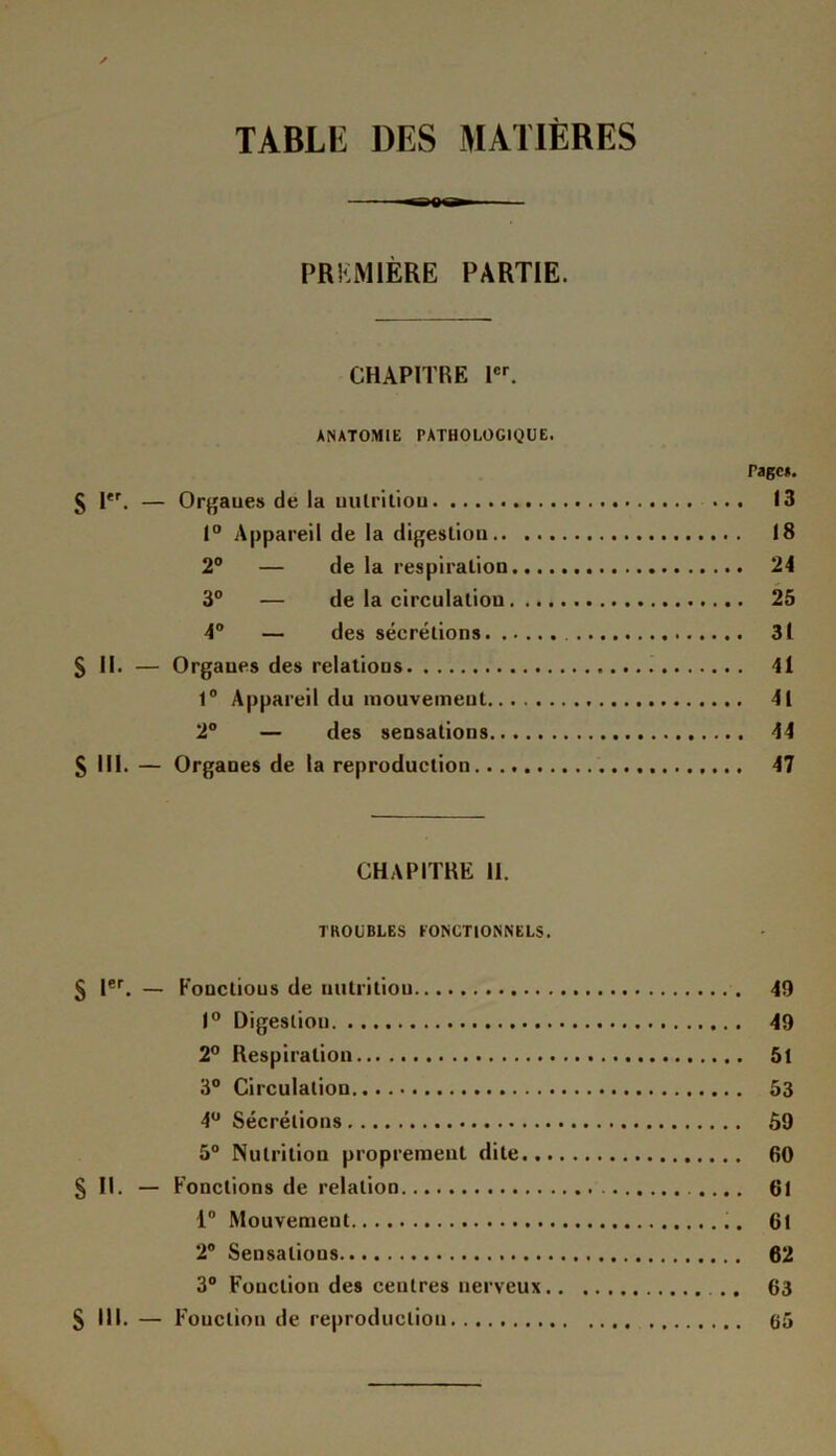 TABLE DES MATIÈRES PRKlM 1ÈRE PARTIE. CHAPITRE 1er. ANATOMIE PATHOLOGIQUE. Tage*. § 1er. — Organes de la milritiou 13 1° Appareil de la digestion 18 2° — de la respiration. 24 3° — de la circulation 25 4° — des sécrétions 3l § II. — Orgaues des relations 41 1° Appareil du mouvement 41 2° — des sensations 44 S III. — Organes de la reproduction 47 CHAPITRE 11. TROUBLES FONCTIONNELS. § Ier. — Fonctious de nutritiou 49 1° Digesliou 49 2° Respiration 51 3° Circulation 53 4U Sécrétions 59 5° Nutrition proprement dite 60 § II. — Fonctions de relation 61 1° Mouvement 6t 2° Sensations 62 3° Fonction des centres nerveux 63 S 111. — Fonction de reproduction 65