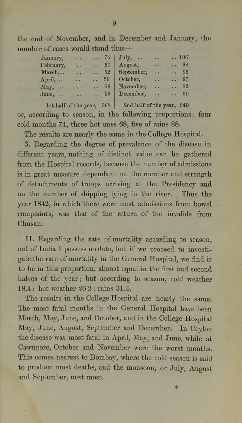 the end of November, and in December and January, the number of cases would stand thus— January, 75 July, .. • • 106 February, 60 August, • • 98 March,.. 52 September, • • 96 April, .. 56 October, • • 87 May, 66 November, • • 82 June, .. 59 December, •• 80 1 st half of the year, 368 2nd half of the year, 549 or, according to season, in the following proportions: four cold months 74, three hot ones 68, five of rains 88. The results are nearly the same in the College Hospital. 3. Itegarding the degree of prevalence of the disease in different years, nothing of distinct value can be gathered from the Hospital records, because the number of admissions is in great measure dependant on the number and strength of detachments of troops arriving at the Presidency and on the number of shipping lying in the river. Thus the year 1842, in which there were most admissions from bowel complaints, was that of the return of the invalids from Chusan. II. Regarding the rate of mortality according to season, out of India I possess no data, but if we proceed to investi- gate the rate of mortality in the General Hospital, we find it to be in this proportion, almost equal in the first and second halves of the year; but according to season, cold weather 18.4: hot weather 26.2: rains 31.4. The results in the College Hospital are nearly the same. The most fatal months in the General Hospital have been March, May, June, and October, and in the College Hospital May, June, August, September and December. In Ceylon the disease was most fatal in April, May, and June, while at Cawnpore, October and November were the worst months. This comes nearest to Bombay, where the cold season is said to produce most deaths, and the monsoon, or July, August and September, next most. *