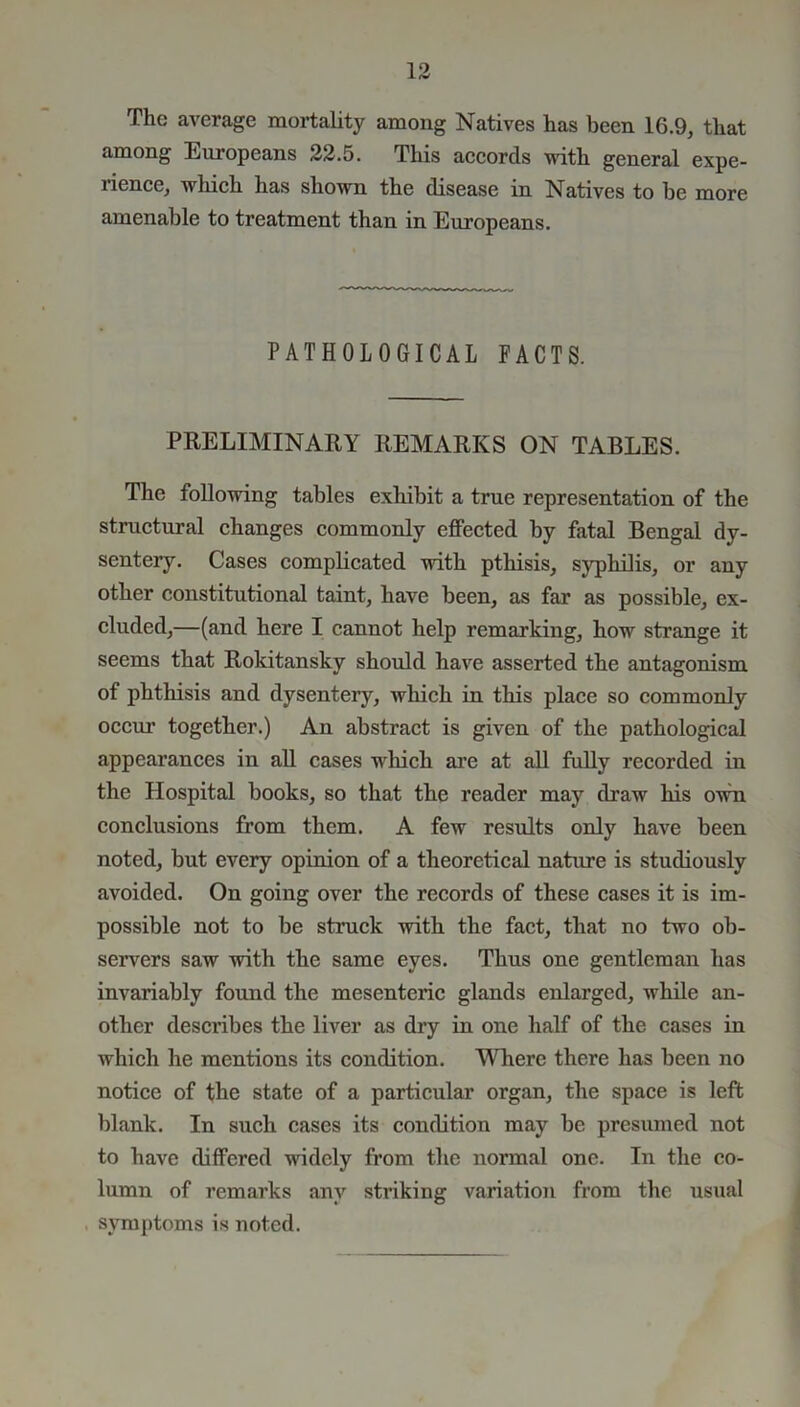 The average mortality among Natives has been 16.9, that among Europeans 22.5. This accords with general expe- rience, which has shown the disease in Natives to he more amenable to treatment than in Europeans. PATHOLOGICAL FACTS. PRELIMINARY REMARKS ON TABLES. The following tables exhibit a true representation of the structural changes commonly effected by fatal Bengal dy- sentery. Cases complicated with pthisis, syphilis, or any other constitutional taint, have been, as far as possible, ex- cluded,—(and here I cannot help remarking, how strange it seems that Rokitansky should have asserted the antagonism of phthisis and dysentery, which in this place so commonly occur together.) An abstract is given of the pathological appearances in all cases which are at all fully recorded in the Hospital books, so that the reader may draw his own conclusions from them. A few results only have been noted, but every opinion of a theoretical nature is studiously avoided. On going over the records of these cases it is im- possible not to be struck with the fact, that no two ob- servers saw with the same eyes. Thus one gentleman has invariably found the mesenteric glands enlarged, while an- other describes the liver as dry in one half of the cases in which he mentions its condition. Where there has been no notice of the state of a particular organ, the space is left blank. In such cases its condition may be presumed not to have differed widely from the normal one. In the co- lumn of remarks any striking variation from the usual symptoms is noted.