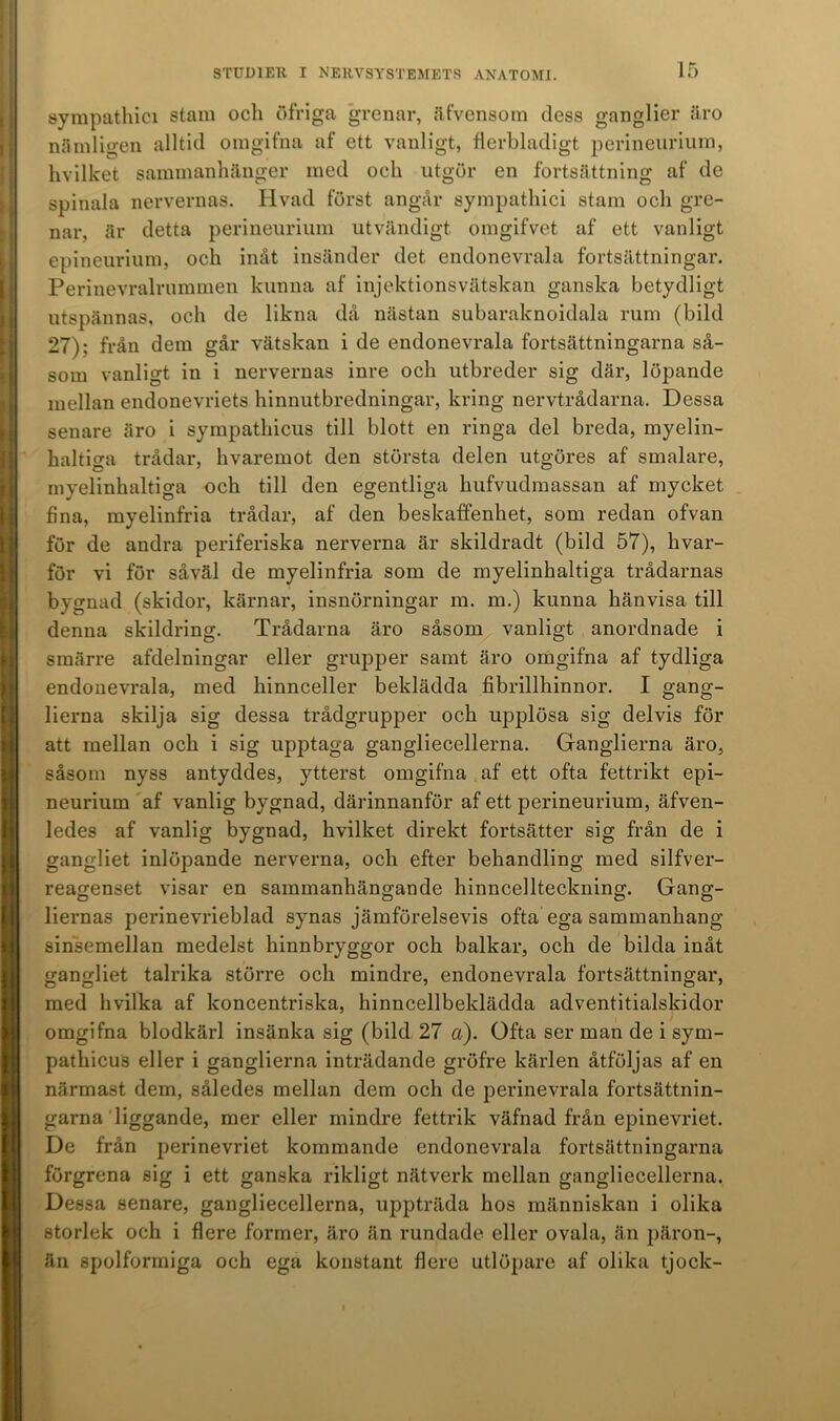 aympathici stam och öfriga grenar, äfvensom dess ganglier äro nämligen alltid omgifna af ett vanligt, flerbladigt perineuriura, hvilket sammanhänger med och utgör en fortsättning af de spinala nervernas. Hvad först angår sympathici stam och gre- nar, är detta perineurium utvändigt omgifvet af ett vanligt epineurium, och inåt insänder det endonevrala fortsättningar. Perinevralrummen kunna af injektionsvätskan ganska betydligt utspännas, och de likna då nästan subaraknoidala rum (bild 27); från dem går vätskan i de endonevrala fortsättningarna så- som vanligt in i nervernas inre och utbreder sig där, löpande mellan endonevriets hinnutbredningar, kring nervtrådarna. Dessa senare äro i syinpathicus till blott en ringa del breda, myelin- haltiga trådar, hvaremot den största delen utgöres af smalare, myelinhaltiga och till den egentliga hufvudmassan af mycket fina, myelinfria trådar, af den beskaffenhet, som redan ofvan för de andra periferiska nerverna är skildradt (bild 57), hvar- för vi för såväl de myelinfria som de myelinhaltiga trådarnas bygnad (skidor, kärnar, insnörningar m. m.) kunna hänvisa till denna skildring. Trådarna äro såsom vanligt anordnade i smärre afdelningar eller grupper samt äro omgifna af tydliga endonevrala, med hinnceller beklädda fibrillhinnor. I gang- lierna skilja sig dessa trådgrupper och upplösa sig delvis för att mellan och i sig upptaga gangliecellerna. Gfanglierna äro, såsom nyss antyddes, ytterst omgifna af ett ofta fettrikt epi- neurium af vanlig bygnad, därinnanför af ett perineurium, äfven- ledes af vanlig bygnad, hvilket direkt fortsätter sig från de i gangliet inlöpande nerverna, och efter behandling med silfver- reagenset visar en sammanhängande hinncellteckning. Gang- liernas perinevrieblad synas jämförelsevis ofta ega sammanhang sinsemellan medelst hinnbryggor och balkar, och de bilda inåt gangliet talrika större och mindre, endonevrala fortsättningar, med hvilka af koncentriska, hinncellbeklädda adventitialskidor omgifna blodkärl insänka sig (bild 27 a). Ofta ser man de i sym- pathieus eller i ganglierna inträdande gröfre kärlen åtföljas af en närmast dem, således mellan dem och de perinevrala fortsättnin- garna liggande, mer eller mindre fettrik väfnad från epinevriet. De från perinevriet kommande endonevrala fortsättningarna förgrena sig i ett ganska rikligt nätverk mellan gangliecellerna. Dessa senare, gangliecellerna, uppträda hos människan i olika storlek och i flere former, äro än rundade eller ovala, än päron-, än spolformiga och ega konstant flere utlöpare af olika tjock-