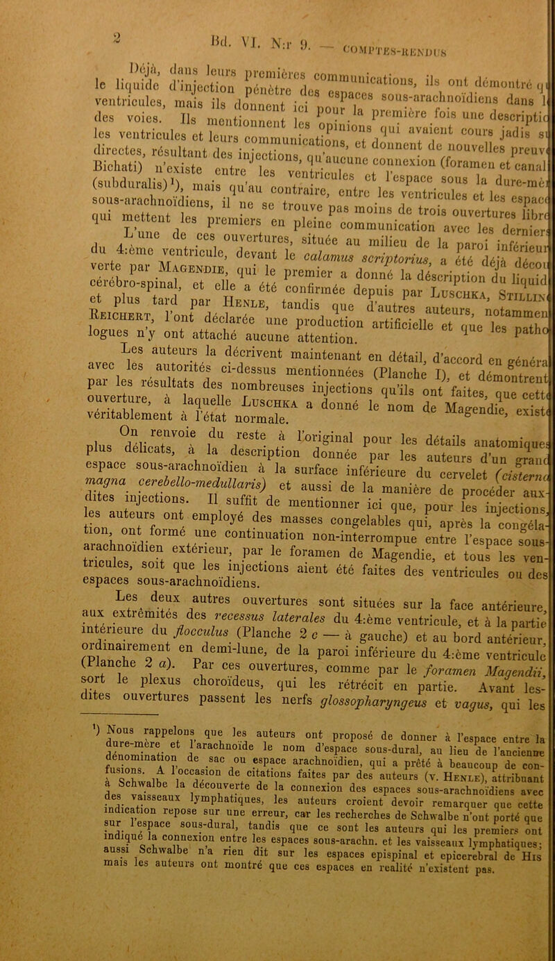 2 Iki VJ. N:r _ ,, le lK,uf irbleciir “r'.‘ ventricules, raais ils donnent ici nonrT^^ sous-aiachnoidiens dans l des voies. Ils mentionrient le«i n • • ^ uiie descriptir les ventricules et leurs communicationr^pTavaient cours jadis si directes, résultaiit des iniections mi’n ’ ^ donnent de nouvelles preuvi Bichati) n-existe cntre ^ les v J T'''''' (forameu et canal =S-T.v:i “ “Äg Reichert, VoJ déclirée imf ptir^ i^lilTelirt? Tel'pa“tho logues n y ont attaché aucune attentiou. ^ ^ avec autoTtél' cISlluf mTnU^nTes Tpfatt i’;T dll't““'t oryerturr't“aoudl injections qu’ils ontVaitea, que cett‘ Plu8 *délicaTs™4 la“ 7'**^ r P° anatomiquci plus delicats, a la descnption donnée par les auteurs d’un ffi4nc espace sous-arachnoidien å la surface inférieure du cervelet (cisterno magna cerebello-rnedullaris) et aussi de la maniére de prTcéder aux dites injeetions. Il suffit de mentionner iei que. poul les inTctioT^ les auteurs ont employé des masses congelables qui, apres la tonfféla- tion ont formé une continuation non-interrompTe enTe 1’espace s^ous- aiachnoidien extérieur, par le foramen de Magendie, et tous les ven- fsoTre!’ que les injections aient été faites des ventricules ou des espaces sous-arachnoidiens. ouvertures sont situées sur la face antérieure aux extiémites des recesms laterales du 4:éme ventricule, et å la partie mtéiieure åu flocculus (Planche 2 c — ä gauclie) et au bord antédeur manTpT“l Paroi inférieure du 4:éme ventricule LrTm 1 ouvertures, comme par le foramen Magendii, sort le plexus choroideus, qui les rétrécit en partie. Avant les- dites ouvertures passent les nerfs glossopharyngeus et vagus, qui les P^oposé de donner å l’espace entre la dure mere et 1 aractnoide le nom d’e8pace sous-dural, au lieu de l’ancienire arachnoidien, qui a prété å beaucoup de con- ä Schwal^e faites par des auteurs (v. Henle), attribnant Lf V • ^ découverte de la connexion des espaces sous-arachnoidiens avec fndJr. lymphahques, les auteurs croient devoir remarquer que cette indication repose sur une errenr, car les recbercbes de Scbwalbe n’ont porté que Inim! sous-dural tandis que ce sont les auteurs qui les premiers Int indiqué la connexion entre les espaces sous-arachn. et les vaisseaux lymphatiques: na nen dit sur les espaces epispinal et epicerebral de^His mais les auteurs ont montré que ces espaces en realité n’existent pas.
