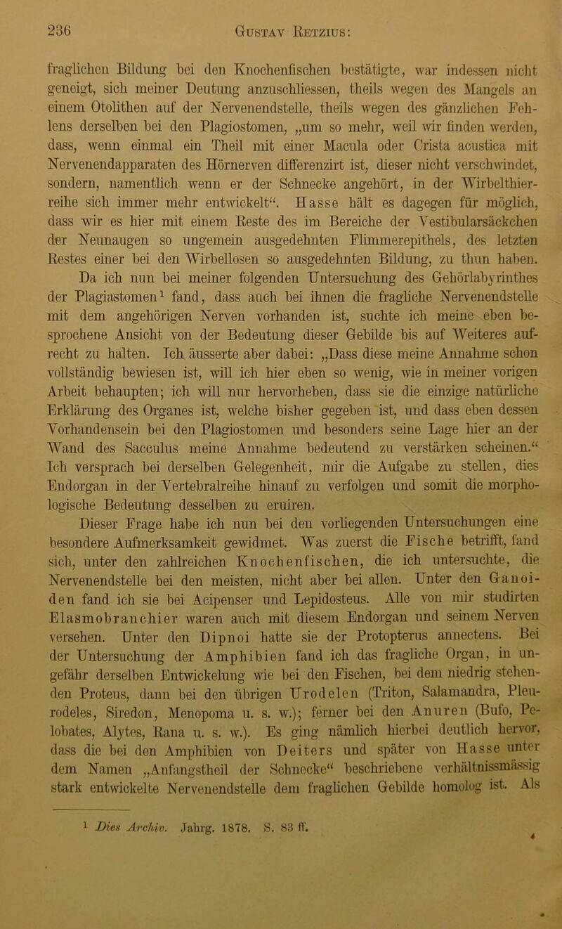 fraglichen Bildung hei den Knochenfischen bestätigte, war indessen nicht geneigt, sich meiner Deutung anzuschliessen, theils wegen des Mangels an einem Otolithen auf der Nervenendstelle, theils wegen des gänzlichen Feh- lens derselben bei den Plagiostomen, „um so mehr, weil wir finden werden, dass, wenn einmal ein Theil mit einer Macula oder Crista acustica mit Nervenendapparaten des Hörnerven differenzirt ist, dieser nicht verschwindet, sondern, namentlich wenn er der Schnecke angehört, in der Wirbelthier- reihe sich immer mehr entwickelt“. Hasse hält es dagegen für möglich, dass wir es hier mit einem Reste des im Bereiche der Yestibularsäckchen der Neunaugen so ungemein ausgedehnten Flimmerepithels, des letzten Restes einer bei den Wirbellosen so ausgedehnten Bildung, zu thun haben. Da ich nun bei meiner folgenden Untersuchung des Gehörlabyrinthes der Plagiastomen1 fand, dass auch bei ihnen die fragliche Nervenendstelle mit dem angehörigen Nerven vorhanden ist, suchte ich meine eben be- sprochene Ansicht von der Bedeutung dieser Gebilde bis auf Weiteres auf- recht zu halten. Ich äusserte aber dabei: „Dass diese meine Annahme schon vollständig bewiesen ist, will ich hier eben so wenig, wie in meiner vorigen Arbeit behaupten; ich will nur hervorheben, dass sie die einzige natürliche Erklärung des Organes ist, welche bisher gegeben ist, und dass eben dessen Vorhandensein bei den Plagiostomen und besonders seine Lage hier an der Wand des Sacculus meine Annahme bedeutend zu verstärken scheinen.“ Ich versprach bei derselben Gelegenheit, mir die Aufgabe zu stellen, dies Endorgan in der Vertebralreihe hinauf zu verfolgen und somit die morpho- logische Bedeutung desselben zu eruiren. Dieser Frage habe ich nun bei den vorliegenden Untersuchungen eine besondere Aufmerksamkeit gewidmet. Was zuerst die Fische betrifft, fand sich, unter den zahlreichen Knochenfischen, die ich untersuchte, die Nervenendstelle bei den meisten, nicht aber bei allen. Unter den Ganoi- den fand ich sie bei Acipenser und Lepidosteus. Alle von mir studirten Elasmobranchier waren auch mit diesem Endorgan und seinem Nerven versehen. Unter den Dipnoi hatte sie der Protopterus annectens. Bei der Untersuchung der Amphibien fand ich das fragliche Organ, in un- gefähr derselben Entwickelung wie bei den Fischen, bei dem niedrig stellen- den Proteus, dann bei den übrigen Urodelen (Triton, Salamandra, Pleu- rodeles, Siredon, Menopoma u. s. w.); ferner bei den Anuren (Bufo, Pe- lobates, Alytes, Rana u. s. w.). Es ging nämlich hierbei deutlich hervor, dass die bei den Amphibien von Deiters und später von Hasse unter dem Namen „Anfangstheil der Schnecke“ beschriebene verhältnissmässig stark entwickelte Nervenendstelle dem fraglichen Gebilde homolog ist. Als 1 Dies Archiv. Jahrg. 1878. S. 83 fl'. 4