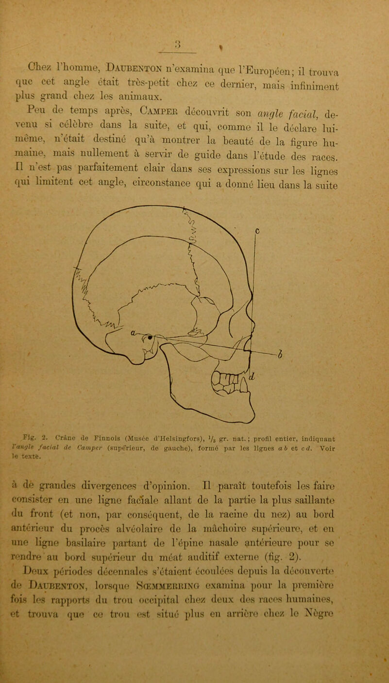 Chez l'homme, Dàubenton n’examina que l’Européen; il trouva (iuc cet angle était très-petit chez ce dernier, mais infiniment plus grand chez les animaux. Peu de temps après, Camper découvrit son angle facial, de- venu si célèbre dans la suite, et qui, comme il le déclare lui- même, n était destiné qu a montrer la beauté de la figure hu- maine, mais nullement a servir de guide dans h étude des races. Il n est pas parfaitement clair dans ses expressions sur les lignes qui limitent cet angle, circonstance qui a donné lieu dans la suite Fig. 2. Crâne de Finnois (Musée d’Helsingfors), l/3 gr. nat. ; profil entier, indiquant Vangle facial de Camper (supérieur, de gauche), formé par les lignes a b et cd. Voir le texte. à dé grandes divergences d’opinion. Il paraît toutefois les faire consister en une ligne faciale allant de la partie la plus saillante du front (et non, par conséquent, de la racine du nez) au bord antérieur du procès alvéolaire de la mâchoire supérieure, et en une ligne basilaire partant de l’épine nasale antérieure pour se rendre au bord supérieur du méat auditif externe (fig. 2). lieux périodes décennales s’étaient écoulées depuis la découverte de Dàubenton, lorsque Sœmmerring examina pour la première fois les rapports du trou occipital chez deux des races humaines, et trouva que ce trou est situé plus en arrière chez le Nègre