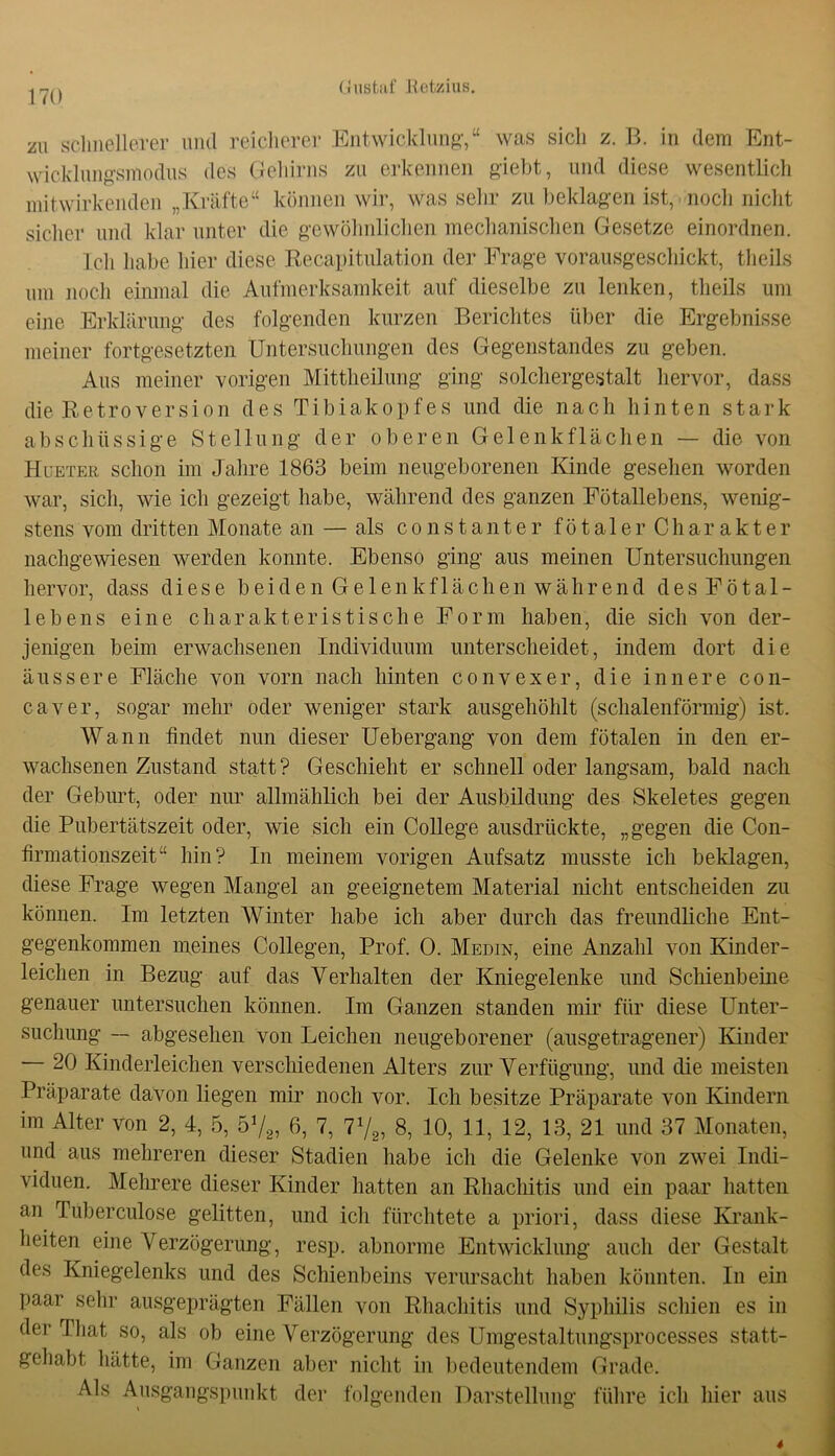 zu schnellerer und reicherer Entwicklung,“ was sich z. B. in dem Ent- wicklungsiüodus des Gehirns zu erkennen giebt, und diese wesentlich mitwirkenden „Kräfte“ können wir, was sehr zu beklagen ist, noch nicht sicher und klar unter die gewöhnlichen mechanischen Gesetze einordnen. Ich habe hier diese Recapitulation der Frage vorausgeschickt, theils um noch einmal die Aufmerksamkeit auf dieselbe zu lenken, theils um eine Erklärung des folgenden kurzen Berichtes über die Ergebnisse meiner fortgesetzten Untersuchungen des Gegenstandes zu geben. Aus meiner vorigen Mittheilung ging solchergestalt hervor, dass die Retroversion des Tibiakopfes und die nach hinten stark abschüssige Stellung der oberen Gelenkflächen — die von Hueter schon im Jahre 1863 beim neugeborenen Kinde gesehen worden war, sich, wie ich gezeigt habe, während des ganzen Fötallebens, wenig- stens vom dritten Monate an — als constanter fötaler Charakter nachgewiesen werden konnte. Ebenso ging aus meinen Untersuchungen hervor, dass diese beiden Gelenk flächenwährend des Fötal- lebens eine charakteristische Form haben, die sich von der- jenigen beim erwachsenen Individuum unterscheidet, indem dort die äussere Fläche von vorn nach hinten convexer, die innere con- caver, sogar mehr oder weniger stark ausgehöhlt (schalenförmig) ist. Wann findet nun dieser Uebergang von dem fötalen in den er- wachsenen Zustand statt? Geschieht er schnell oder langsam, bald nach der Geburt, oder nur allmählich bei der Ausbildung des Skeletes gegen die Pubertätszeit oder, wie sich ein College ausdrückte, „gegen die Con- firmationszeit“ hin? In meinem vorigen Aufsatz musste ich beklagen, diese Frage wegen Mangel an geeignetem Material nicht entscheiden zu können. Im letzten Winter habe ich aber durch das freundliche Ent- gegenkommen meines Collegen, Prof. 0. Medin, eine Anzahl von Kinder- leichen in Bezug auf das Verhalten der Kniegelenke und Schienbeine genauer untersuchen können. Im Ganzen standen mir für diese Unter- suchung — abgesehen von Leichen neugeborener (ausgetragener) Kinder — 20 Kinderleichen verschiedenen Alters zur Verfügung, und die meisten Präparate davon liegen mir noch vor. Ich besitze Präparate von Kindern im Alter von 2, 4, 5, h% 6, 7, 1% 8, 10, 11, 12, 13, 21 und 37 Monaten, und aus mehreren dieser Stadien habe ich die Gelenke von zwei Indi- viduen. Mehrere dieser Kinder hatten an Rhachitis und ein paar hatten an Tuberculose gelitten, und icli fürchtete a priori, dass diese Krank- heiten eine Verzögerung, resp. abnorme Entwicklung auch der Gestalt des Kniegelenks und des Schienbeins verursacht haben könnten. In ein paar sehr ausgeprägten Fällen von Rhachitis und Syphilis schien es in der That so, als ob eine Verzögerung des Umgestaltungsprocesses statt- gehabt hätte, im Ganzen aber nicht in bedeutendem Grade. Als Ausgangspunkt der folgenden Darstellung führe ich hier aus 4