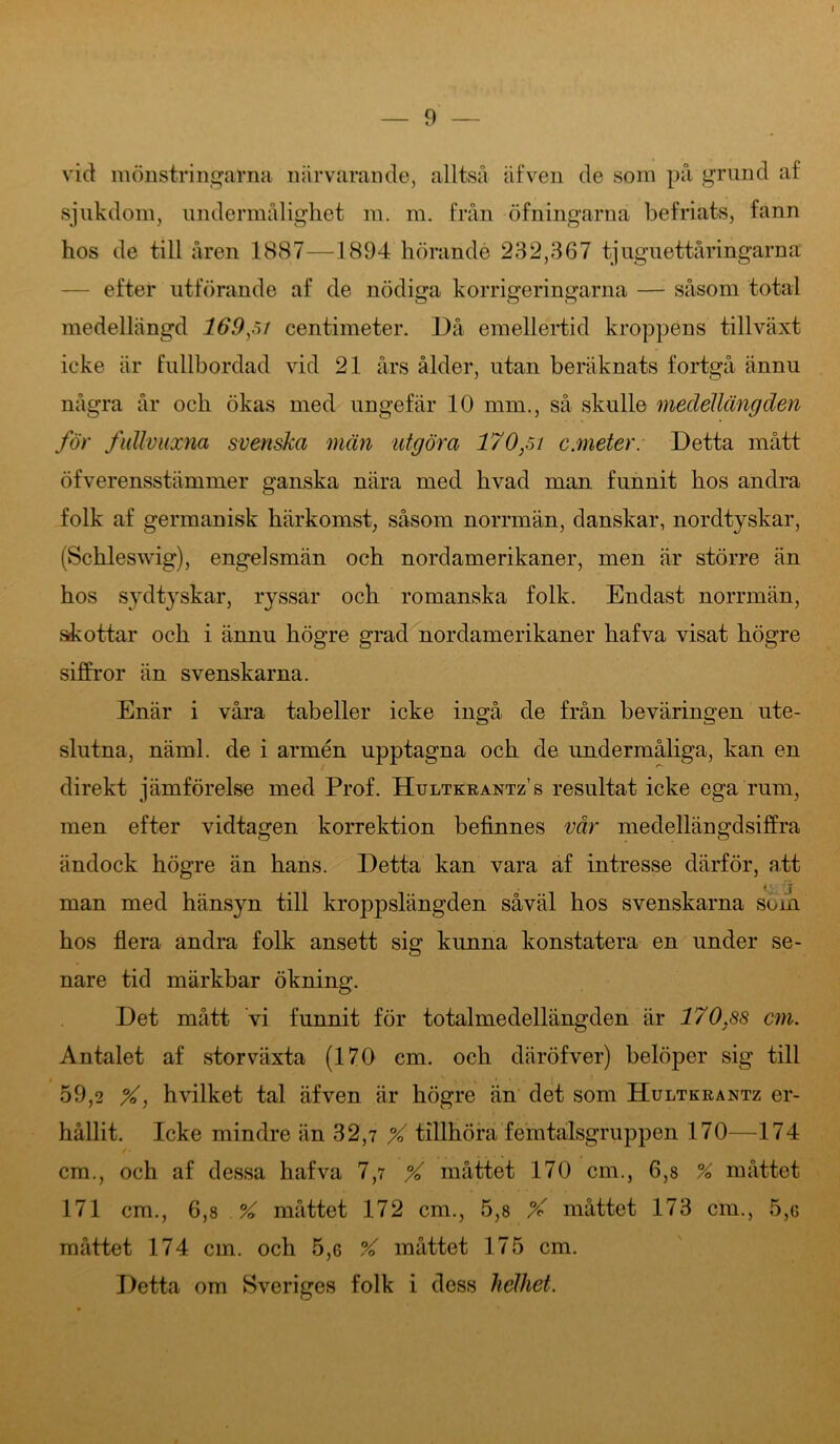 vid mönstringarna närvarande, alltså äfven de som på grund af sjukdom, undermålighet m. m. från öfningarna befriats, fann hos de till åren 1887—1894 hörande 232,367 tjuguettåringarna efter utförande af de nödiga korrigeringarna — såsom total medellängd 169,51 centimeter. Då emellertid kroppens tillväxt icke är fullbordad vid 21 års ålder, utan beräknats fortgå ännu några år och ökas med ungefär 10 mm., så skulle medellängden för fullvuxna svenska män utgöra 170,51 c.meter. Detta mått öfverensstämmer ganska nära med livad man funnit hos andra folk af germanisk härkomst, såsom norrmän, danskar, nordtyskar, (Schleswig), engelsmän och nordamerikaner, men är större än hos sydtyskar, ryssar och romanska folk. Endast norrmän, skottar och i ännu högre grad nordamerikaner hafva visat högre siffror än svenskarna. Enär i våra tabeller icke ingå de från beväringen ute- slutna, näml. de i armén upptagna och de undermåliga, kan en direkt jämförelse med Prof. Hultkrantz’s resultat icke ega rum, men efter vidtagen korrektion befinnes vår medellängd siffra ändock högre än hans. Detta kan vara af intresse därför, att man med hänsyn till kroppslängden såväl hos svenskarna som hos flera andra folk ansett sig kunna konstatera en under se- nare tid märkbar ökning. Det mått vi funnit för totalmedellängden är 170,88 cm. Antalet af storväxta (170 cm. och däröfver) belöper sig till 59,2 %, hvilket tal äfven är högre än det som Hultkrantz er- hållit. Icke mindre än 32,7 X tillhöra femtalsgruppen 170—174 cm., och af dessa hafva 7,7 % måttet 170 cm., 6,8 % måttet 171 cm., 6,8 % måttet 172 cm., 5,8 % måttet 173 cm., 5,g måttet 174 cm. och 5,6 X måttet 175 cm. Detta om Sveriges folk i dess helhet.