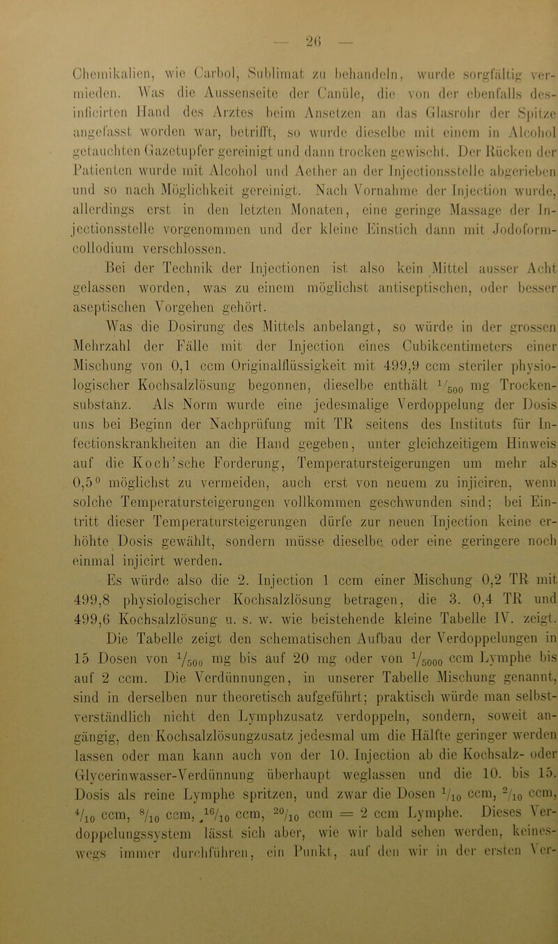 Chemikalien, ..... , mieden. \Va.s die Aii.s.senseite der Caniile, wie Carhnl, Suhlimat zu hehaiideln, wurde sorgfalüf; ver- .lie von dei’ ebenralls de.s- inficirien Hand dos Ai'ztes heini Anseizen an das Clasrohi' der S])itze angefa.sst woi’den war, betrifft, so wurde dieselbe ndt einem in Alcoliol getauchten Cazetiipfer gereinigt und dann trocken gewischl. Der Kücken der Patienten wurde mit Alcoliol und Aether an der Jnjcclioiisstelle abgerieben lind so nach Möglichkeit gereinigt. Nach Vornahme der Injection wui-de, allerdings erst in den letzten Monaten, eine gei’inge Massage der In- jectionsstelle vorgenommen und der kleine Einstich dann mit Jodoform- collodiurn verschlossen. Bei der Technik der Injectionen ist also kein Mittel ausser Acht gelassen worden, was zu einem möglichst antiseptischen, oder besser aseptischen Vorgehen gehört. Was die Do,sirung des Mittels anbelangt, so würde in der gro.ssen Mehrzahl der Fälle mit der Injection eines Cubikeentiraeters einer Mischung von 0,1 ccm Originalflüssigkeit mit 499,9 ccm steriler ph}\sio- logischer Kochsalzlösung begonnen. dieselbe enthält ^/goo mg Trocken- substanz. Als Norm wurde eine jedesmalige Verdoppelung der Dosis uns bei Beginn der Nachprüfung mit TR seitens des Instituts für In- fectionskrankheiten an die Hand gegeben, unter gleichzeitigem Hinweis auf die Koch’sche Forderung, Temperatursteigerungen um mehr als 0,5® möglichst zu vermeiden, auch erst von neuem zu injiciren, wenn solche Temperatursteigerungen vollkommen geschivunden .sind; bei Ein- tritt dieser Temperatursteigerungen dürfe zur neuen Injection keine er- höhte Dosis gewählt, sondern müsse dieselbe oder eine geringere noch einmal injicirt werden. Es würde also die 2. Injection 1 ccm einer Mischung 0,2 TK mit 499,8 physiologischer Kochsalzlösung betragen, die 3. 0,4 TR und 499,6 Kochsalzlösung u. s. w. wie beistehende kleine Tabelle IV. zeigt. Die Tabelle zeigt den schematischen Aufbau der Verdoppelungen in 15 Dosen von Ygoo mg bis auf 20 mg oder von Vsooo ccm Ijvmphe bis auf 2 ccm. Die Verdünnungen, in unserer Tabelle Mischung genannt, sind in derselben nur theoretisch aufgeführt; praktisch würde man selbst- verständlich nicht den Lymplizusatz verdoppeln, sondern, soweit an- gängig, den Kochsalzlösungzusatz jedesmal um die Hälfte geringer werden lassen oder man kann auch von der 10. Injection ab die Kochsalz- oder Glycerinwasser-Verdünnung überhaupt weglassen und die 10. bis 15. Do.sis als reine Lymphe spritzen, und zwar die Dosen k'io ccm, Yio ccm. ‘^/lo ccm, Yio ccm, /®/io ccm, ccm = 2 ccm Lymphe. Dieses Ver- doppelungssystcm lässt sich aber, wie wir bald sehen werden, keines- wegs immer durebfübren, ein Punkl , auf den wir in der ersten \ er-