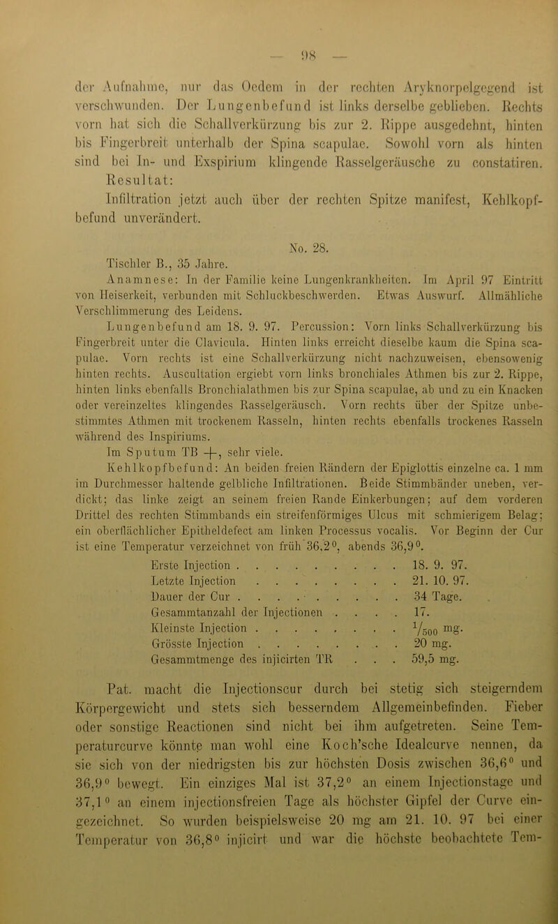 ‘)S der Aufnahme, nur das Oedem in der rechten Aryknorpelgegend ist verschwunden. Der Jjungenbefund ist links derselbe geblieben. Rechts vorn hat sich die Schall Verkürzung bis zur 2. Itippe au.sgedehnt, hinten bis Fingerbreit unterhalb der Spina scapulae. Sowohl vorn als hinten sind bei In- und Exspirium klingende Rasselgeräusche zu constatiren. Resultat: Infiltration jetzt auch über der rechten Spitze manifest, Kehlkopf- befund unverändert. No. 28. Tischler B., 35 Jahre. Anamnese: In der Familie keine Lungenkranklieiten. Im April 97 Eintritt von Heiserkeit, verbunden mit Schluckbeschwerden. Etwas Auswurf. Allmähliche A^erschlimmerung des Leidens. Lungenbefund am 18. 9. 97. Percussion: Vorn links Schallverkürzung bis Fingerbreit unter die Clavicula. Hinten links erreicht dieselbe kaum die Spina sca- pulae. Vorn rechts ist eine Schallverkürzung nicht nachzuweisen, ebensowenig hinten rechts. Auscultation ergiebt vorn links bronchiales Athmen bis zur 2. Rippe, hinten links ebenfalls Bronchialathmen bis zur Spina scapulae, ab und zu ein Knacken oder vereinzeltes klingendes Rasselgeräusch. Vorn rechts über der Spitze unbe- stimmtes Athmen mit trockenem Rasseln, hinten rechts ebenfalls trockenes Rasseln während des Inspiriums. Im Sputum TB sehr viele. Kehlkopfbofund; An beiden freien Rändern der Epiglottis einzelne ca. 1 mm im Durchmesser haltende gelbliche Infiltrationen. Beide Stimmbänder uneben, ver- dickt; das linke zeigt an seinem freien Rande Einkerbungen; auf dem vorderen Drittel des rechten Stimmbands ein streifenförmiges Ulcus mit schmierigem Belag; ein oberflächlicher Epitheldefect am linken Processus vocalis. Vor Beginn der Cur ist eine Temperatur verzeichnet von früh 36,2^, abends 36,9®. Erste Injection 18. 9. 97. Letzte Injection 21. 10. 97. Dauer der Cur . . . . • 34 Tage. Gesammtanzahl der Injectionen . . . . 17. Kleinste Injection Yöoo Grösste Injection 20 mg. Gesammtmenge des injicirten TR . . . 59,5 mg. Pat. macht die Iiijectionscur durch bei stetig sich steigerndem Körpergewicht und stets sich besserndem Allgemeinbefinden. Fieber oder sonstige Reactionen sind nicht bei ihm aufgetreten. Seine Tem- peraturcurve könnte man wohl eine Koch’sche Idealcurve nennen, da sie sich von der niedrigsten bis zur höchsten Dosis zwischen 36,6® und 36,9® bewegt. Ein einziges Mal ist 37,2® an einem Injectionstage und 37,1® an einem injectionsfreien Tage als höchster Gipfel der Curve ein- gezeichnet. So wurden beispielsweise 20 mg am 21. 10. 97 bei einer Tejnperatur von 36,8® injicirt und war die höchste beobachtete Tem-