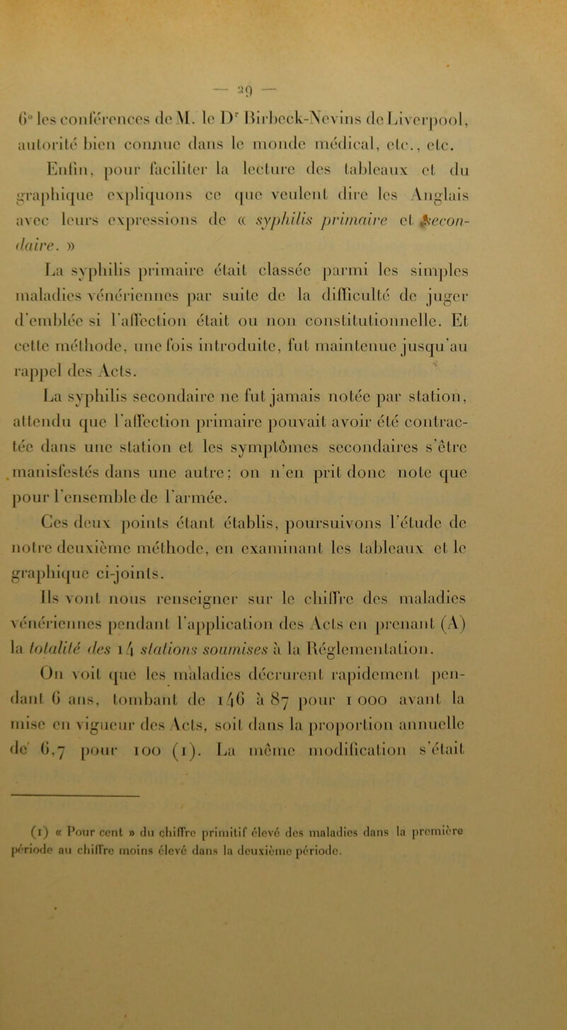 • ag - 6° les conférences de M. le Dr Ihrbeck-Ncvins doLiverpool, autorité bien connue dans le monde médical, etc., etc. Enfin, pour faciliter la lecture des tableaux et du graphique expliquons ce que veulent dire les Anglais avec leurs expressions de « syphilis primaire et Secon- daire. » La syphilis primaire était classée parmi les simples maladies vénériennes par suite de la difficulté de juger d'emblée si l'affection était ou non constitutionnelle. Et cette méthode, une fois introduite, fut maintenue jusqu'au rappel des Acts. La syphilis secondaire ne fut jamais notée par station, attendu que l'affection primaire pouvait avoir été contrac- tée dans une station et les symptômes secondaires s'être mauisfestés dans une autre ; on n'en prit donc note que pour l'ensemble de l'armée. Ces deux [joints étant établis, poursuivons 1 étude de notre deuxième méthode, en examinant les tableaux el le graphique ci-joints. Ils vont nous renseigner sur le chiffre des maladies vénériennes pendant l'application des Acts en prenant (A) la totalité des i4 stations soumises à la Réglementation. On voit (pie les maladies décrûrent rapidement pen- dant G ans, tombant de i/|G à 87 pour 1000 avant la mise en vigueur des Vêts, soit dans la proportion annuelle de’ G,7 pour 100 (1). La même modification s'était (1) « Pour ccnl » du chiffre primitif élevé des maladies dans la première période au chiffre moins élevé dans la deuxième période.